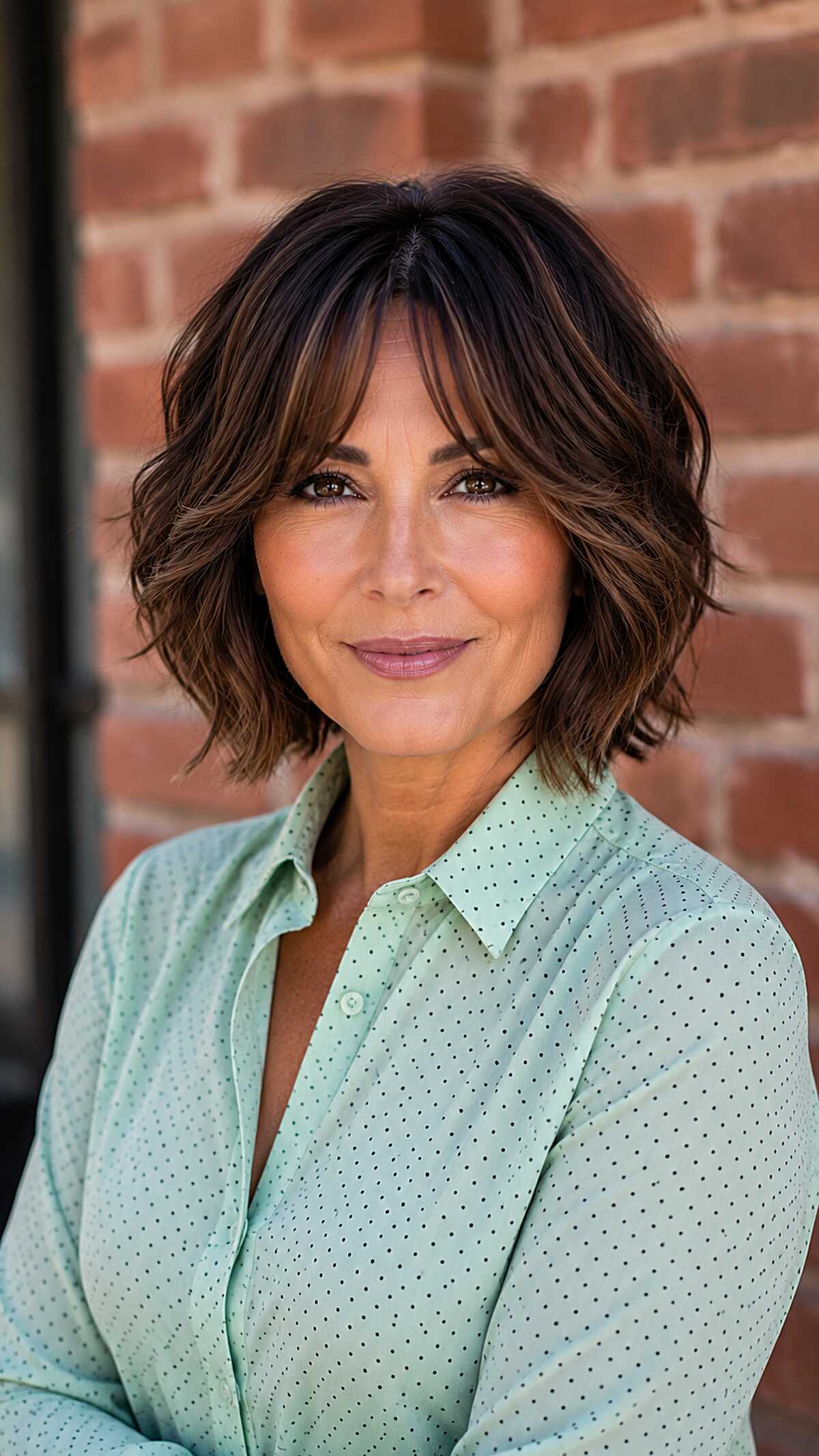Dark espresso wavy bob with curtain bangs outdoors