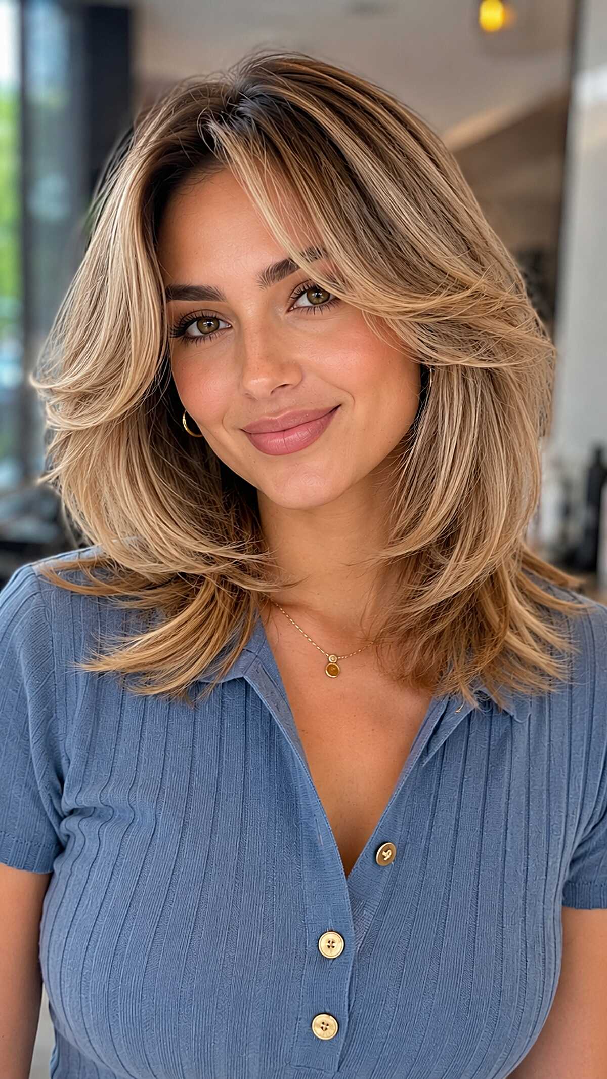 Honey blonde midi cut with bouncy blow-dried layers