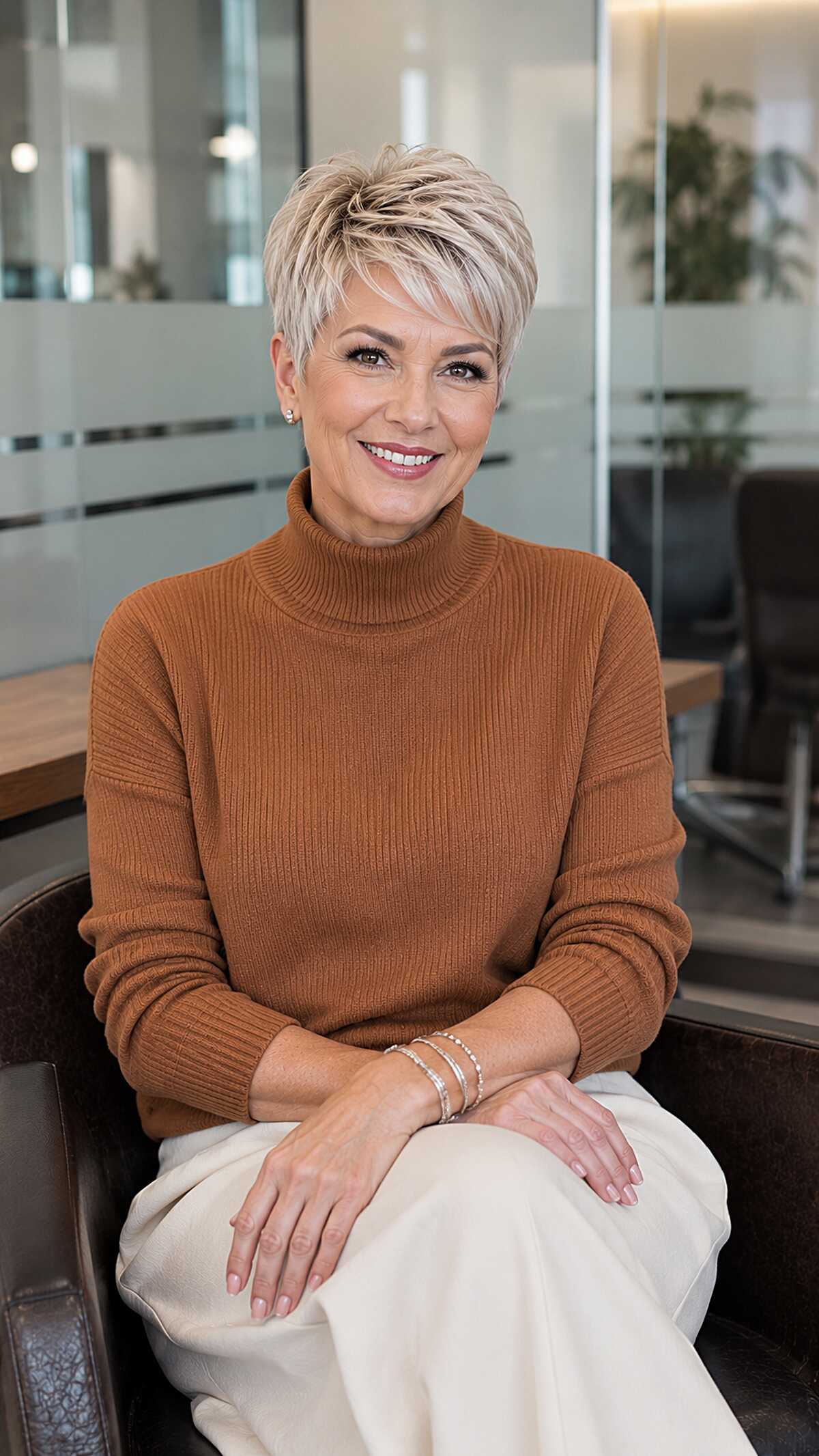 Icy platinum pixie cut with choppy textured layers