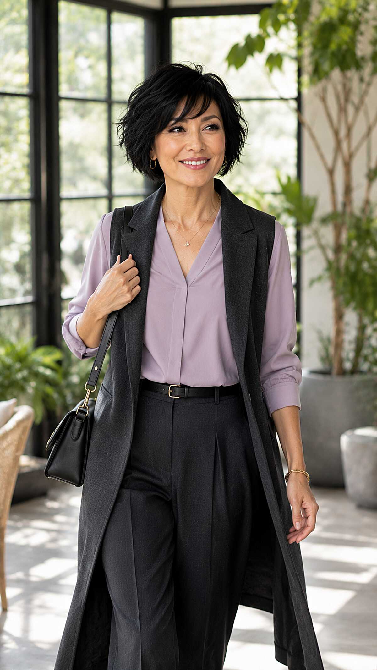 Jet black short choppy bob with piecey textured layers