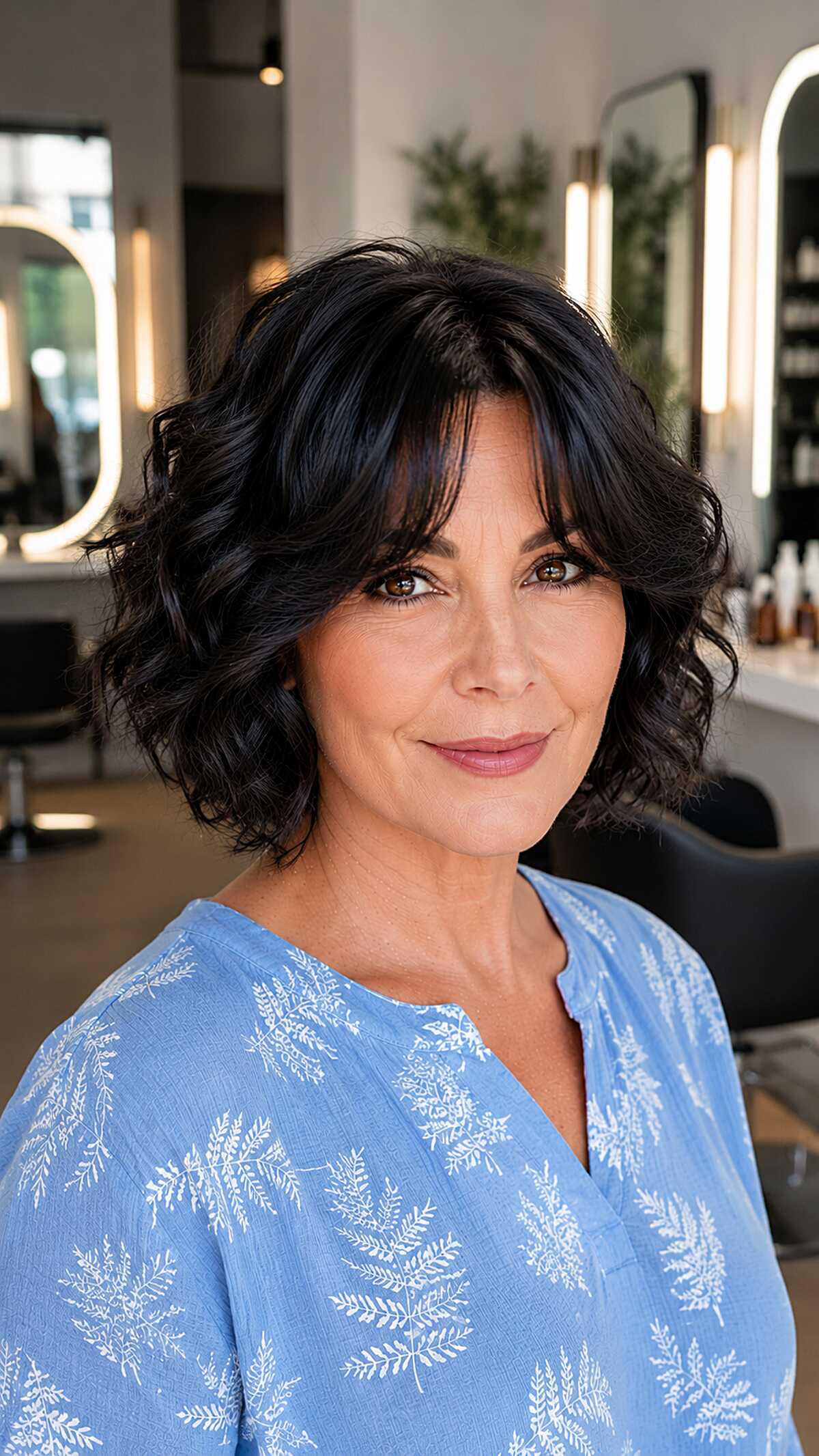 Jet black curly bob with curtain bangs in salon