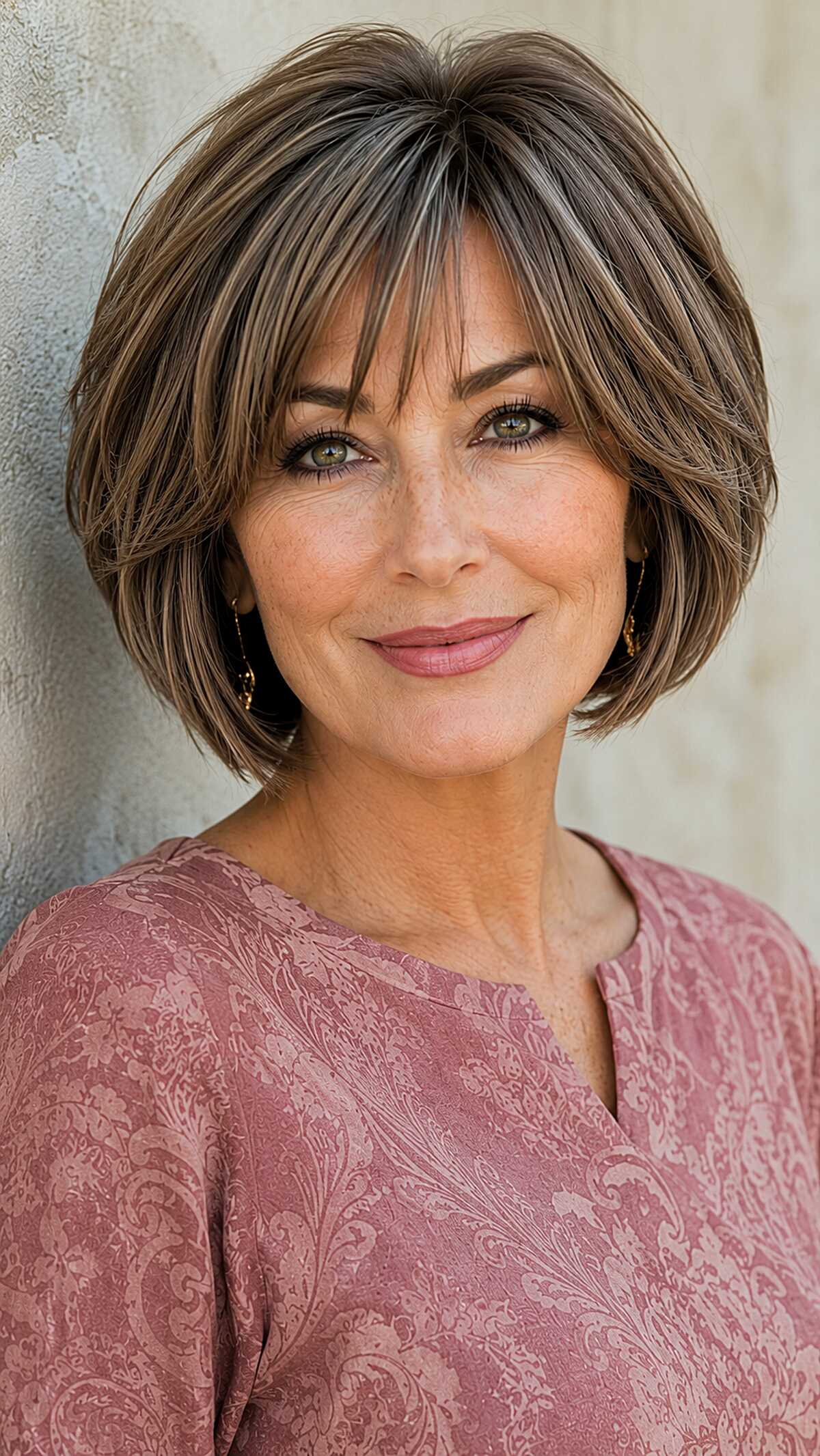 Mushroom brunette feathered bob with curtain fringe