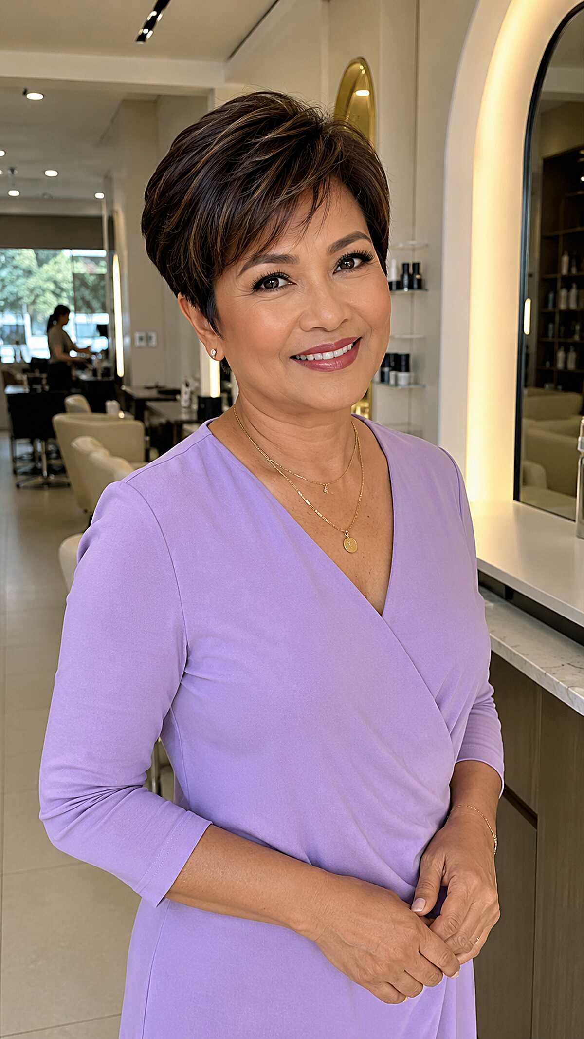 Polished dark brown pixie cut with side-swept fringe