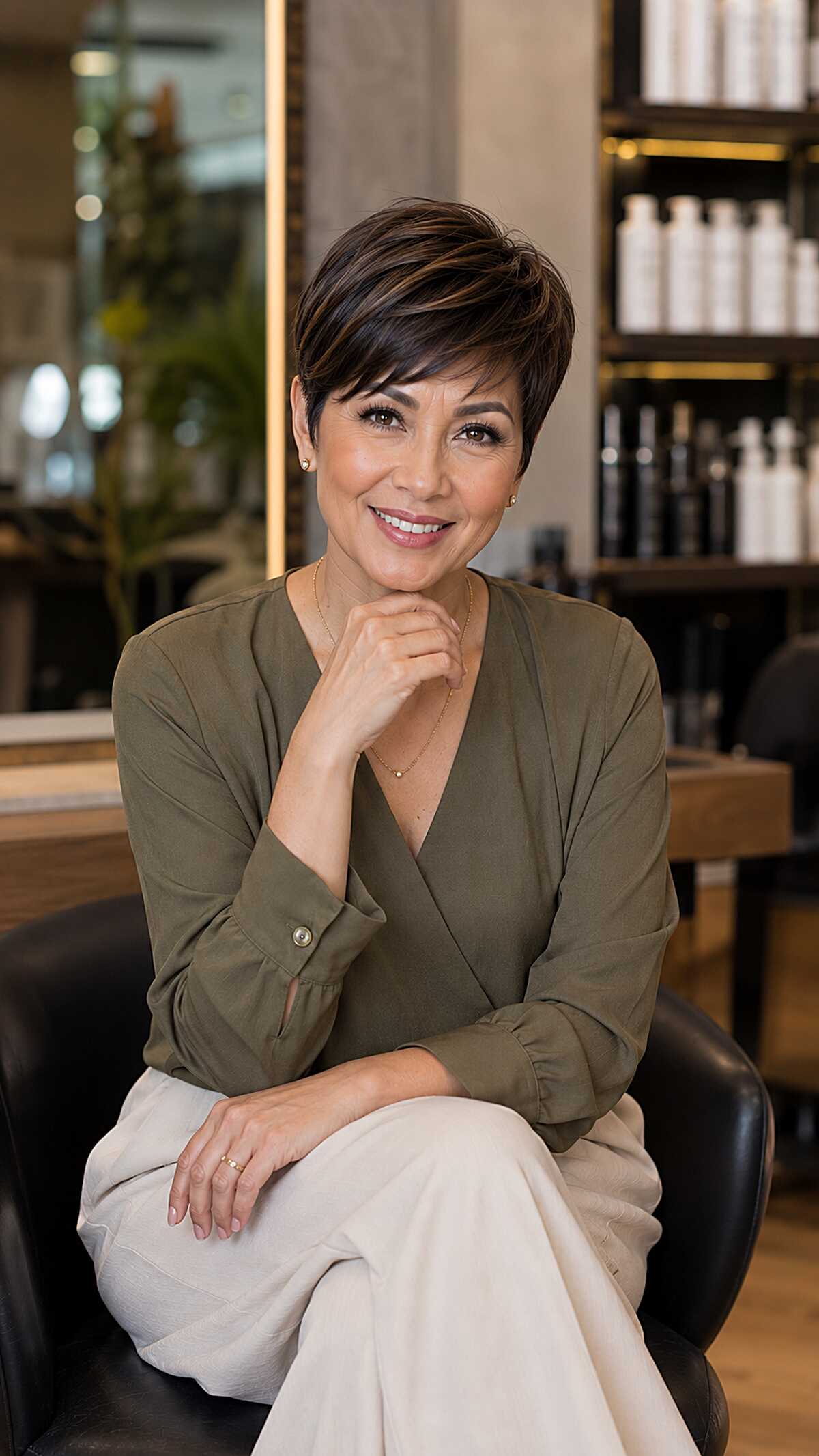 Rich chocolate brown pixie with long sweeping side bangs