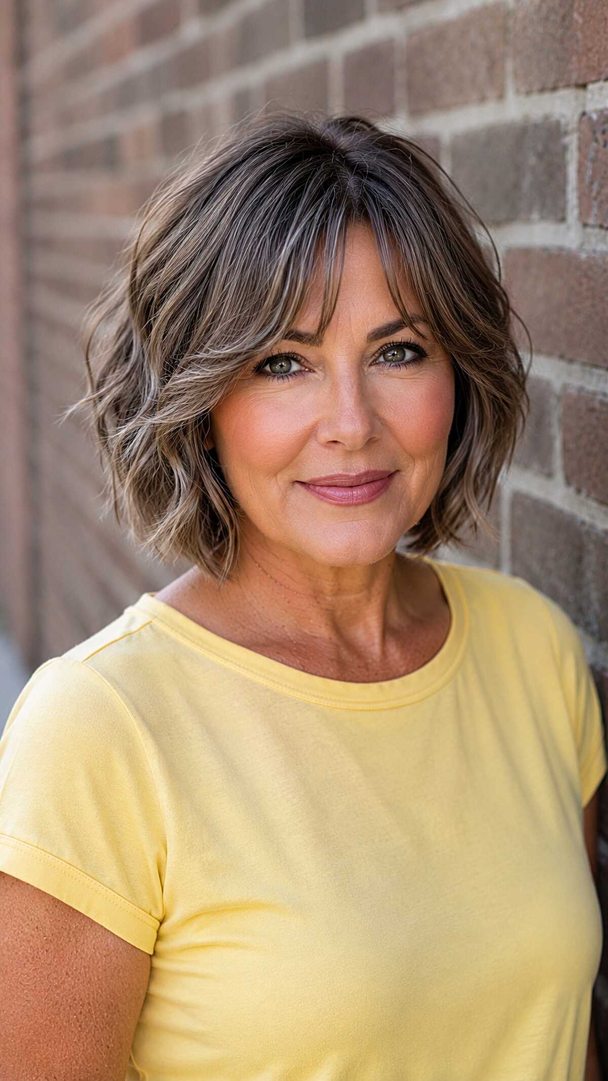 Salt and pepper wavy bob with curtain bangs
