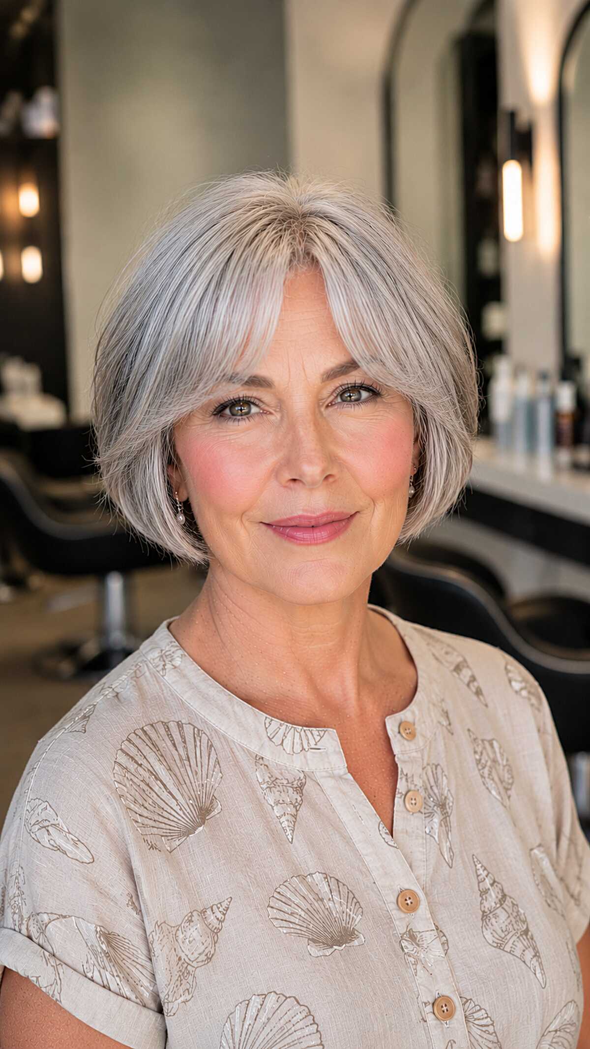 Silver gray smooth bob with soft wispy curtain bangs
