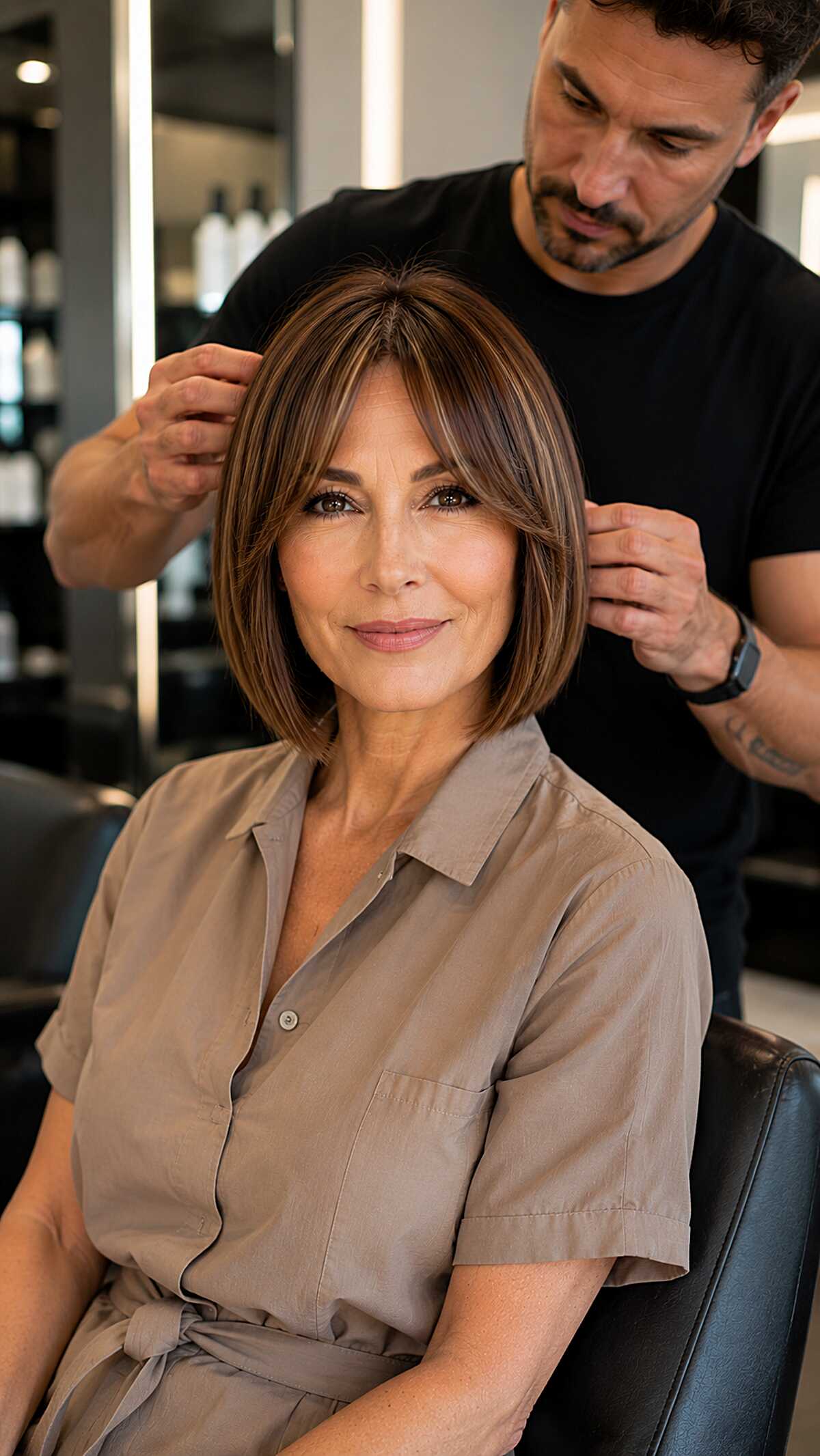 Smooth brunette bob with caramel face-framing highlights