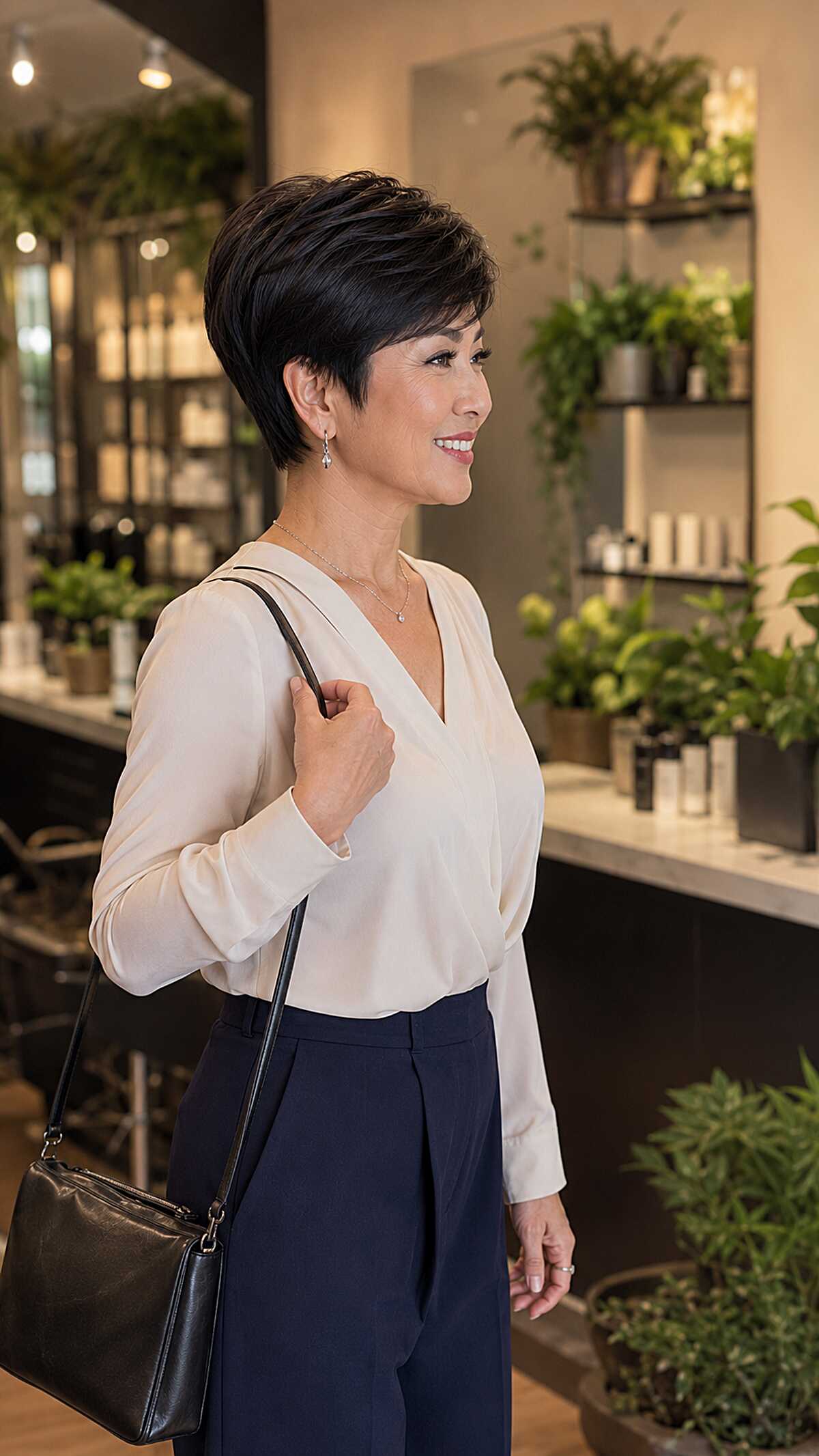 Sleek dark pixie cut with tapered neckline, side view