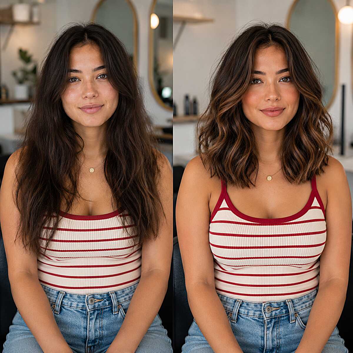 Before and after cloud midi cut with caramel highlights
