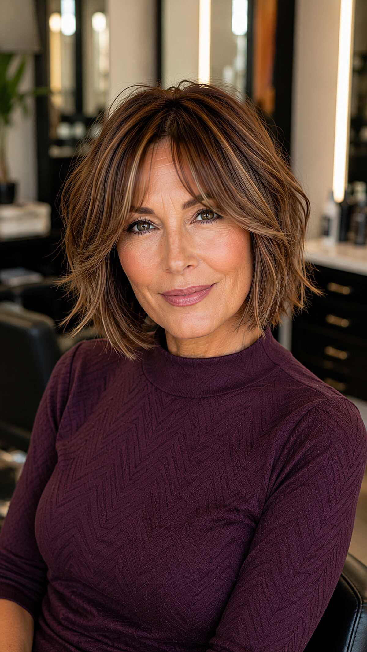 Brunette layered bob with caramel highlights