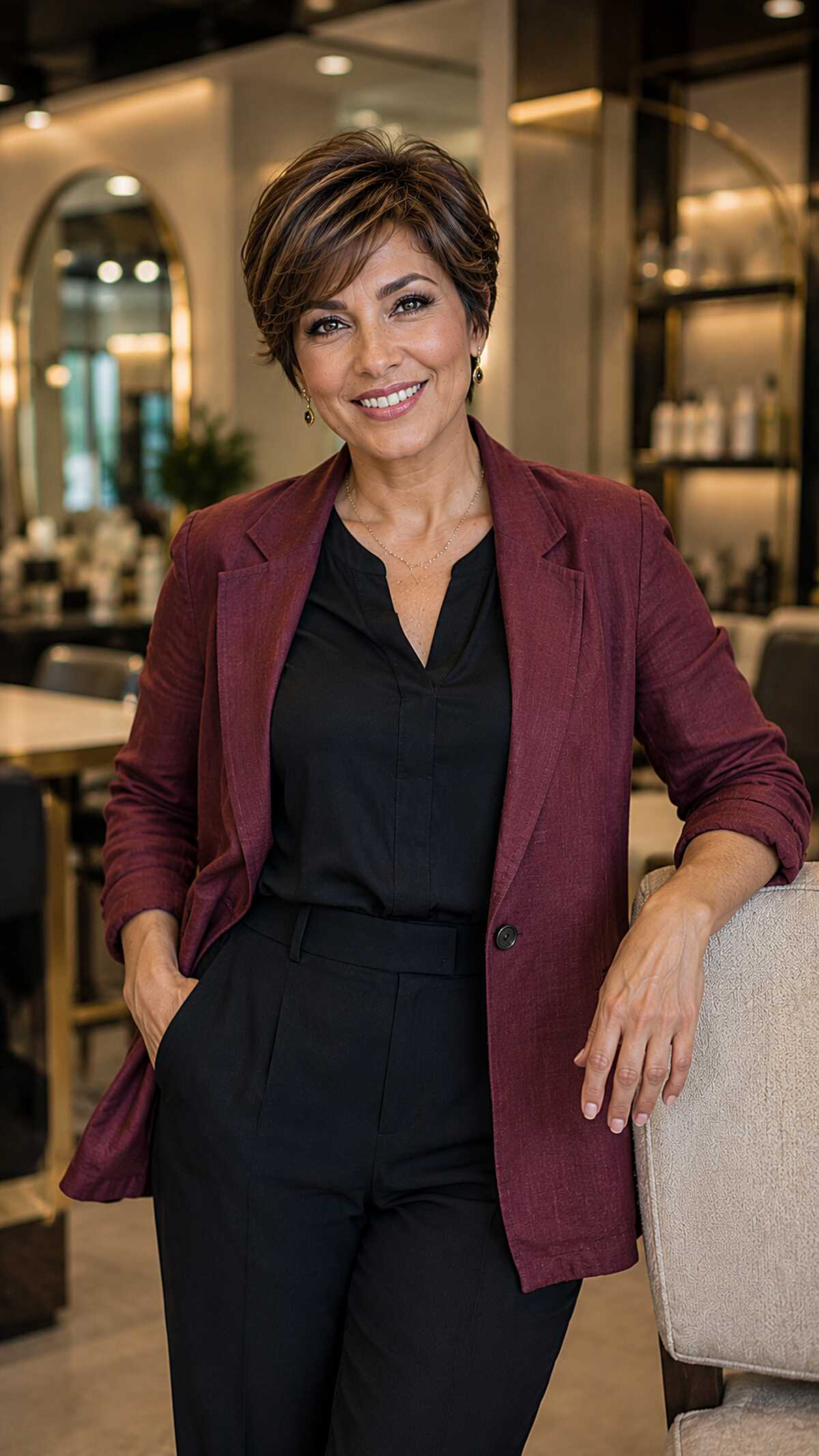 Warm brunette pixie cut with layered volume swept back