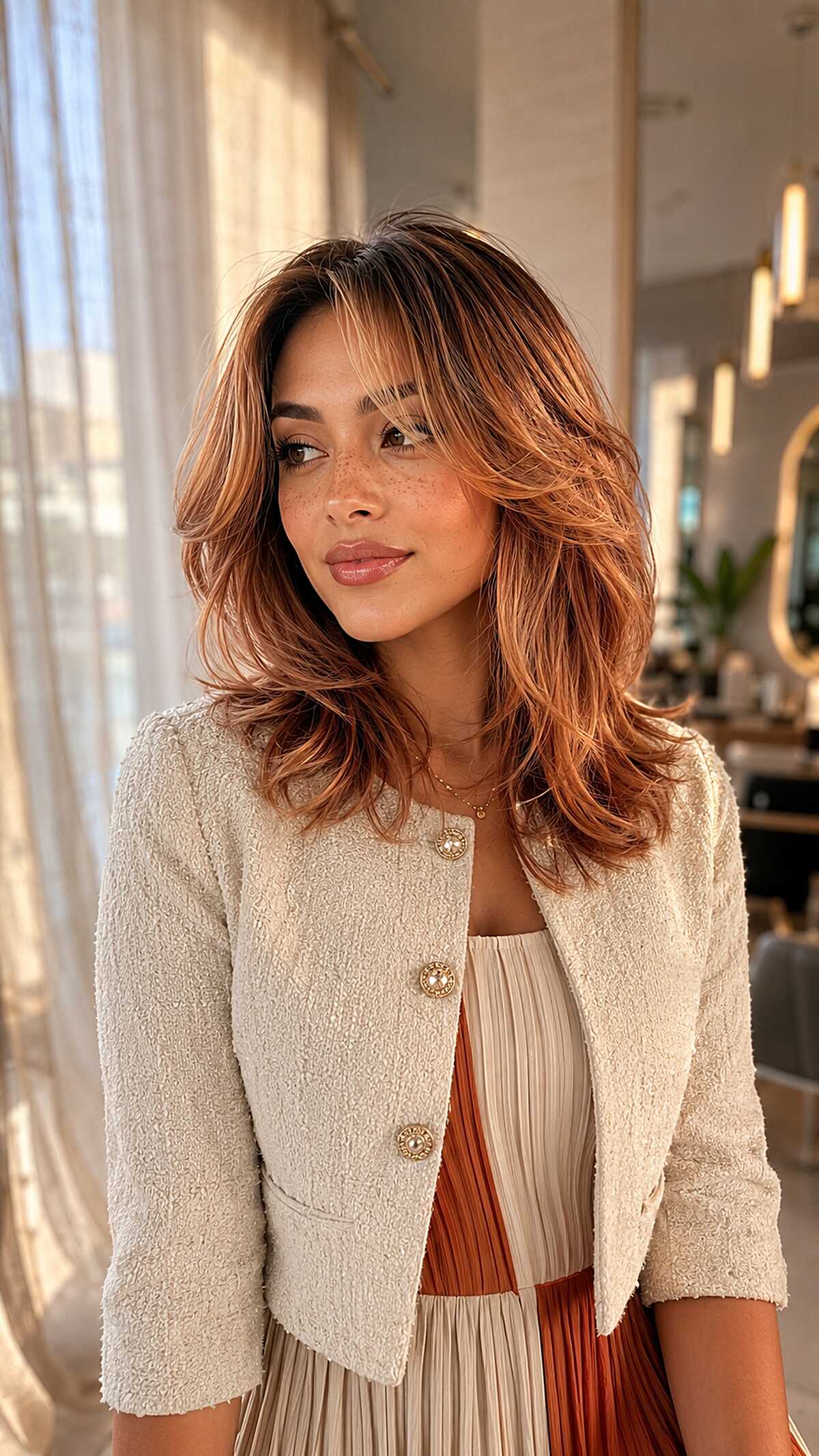 Warm copper wavy midi cut with lived-in texture