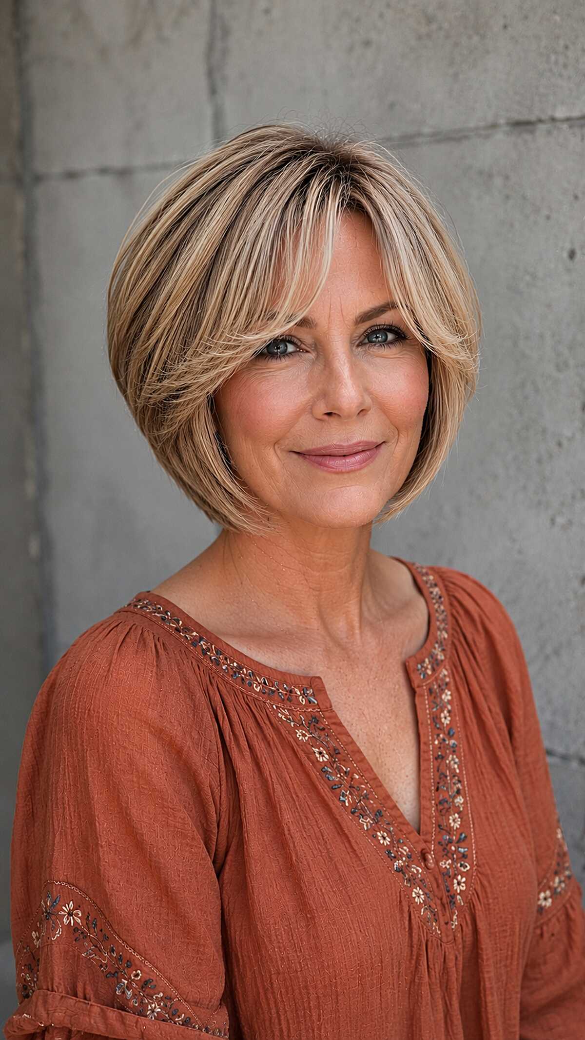 Warm honey blonde layered bob with side-swept bangs