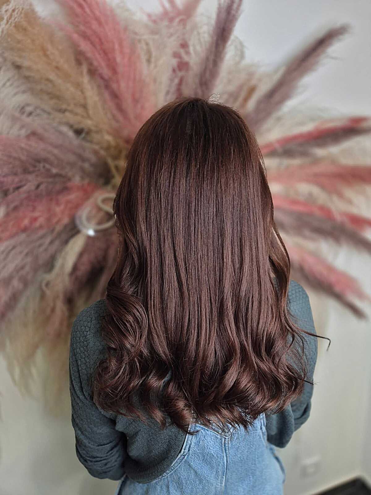 All-Over Mocha with a Red Lean on Thick Mid-Length Hair