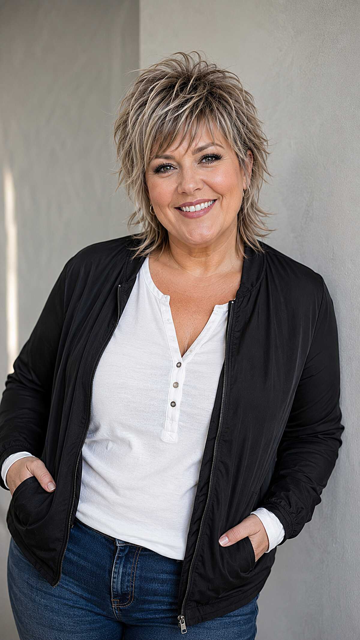 Ash-blonde mixie shag with spiky textured crown