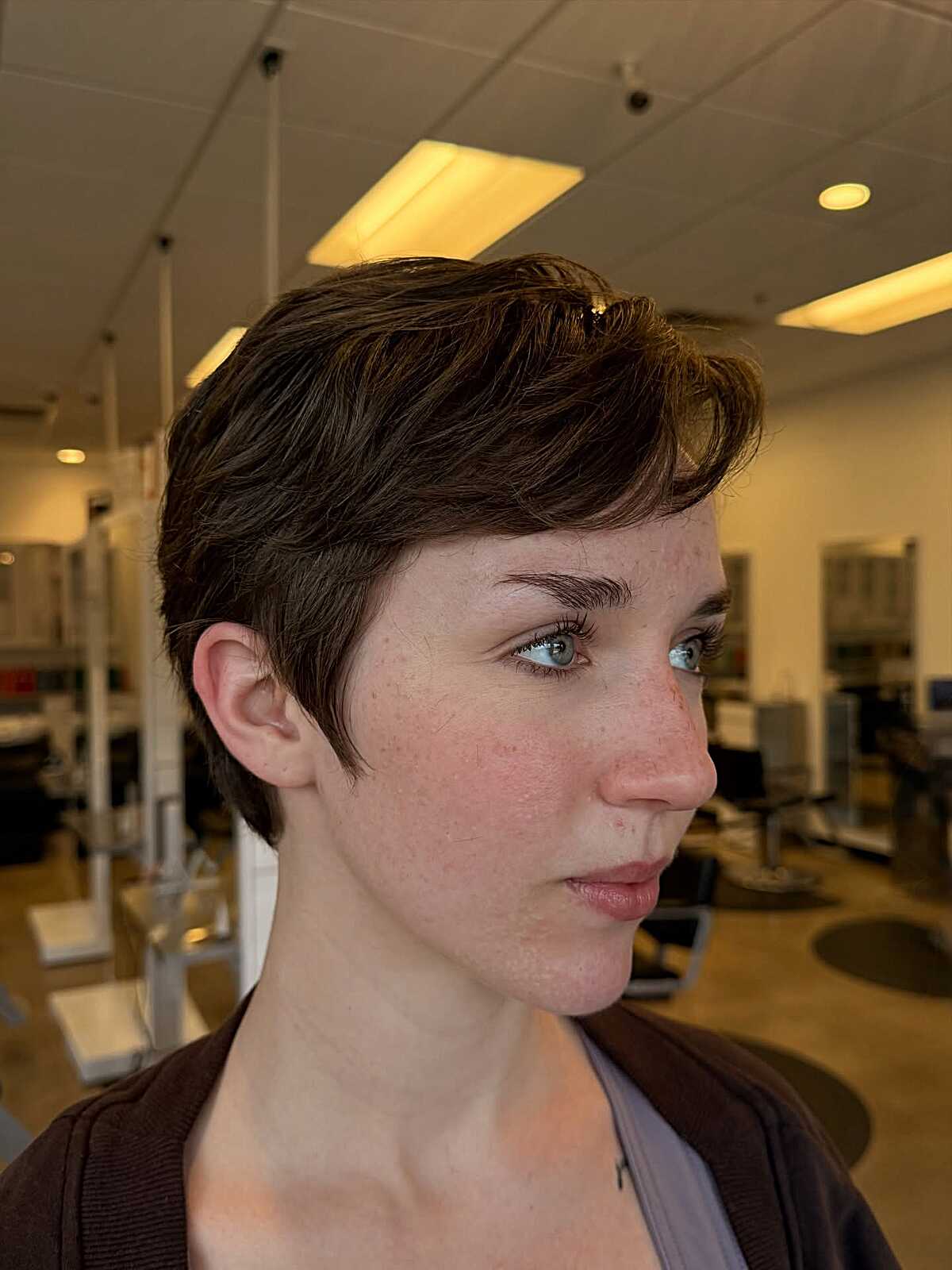 Brunette Pixie Shag with Swept Layers and Wispy Ear Taper