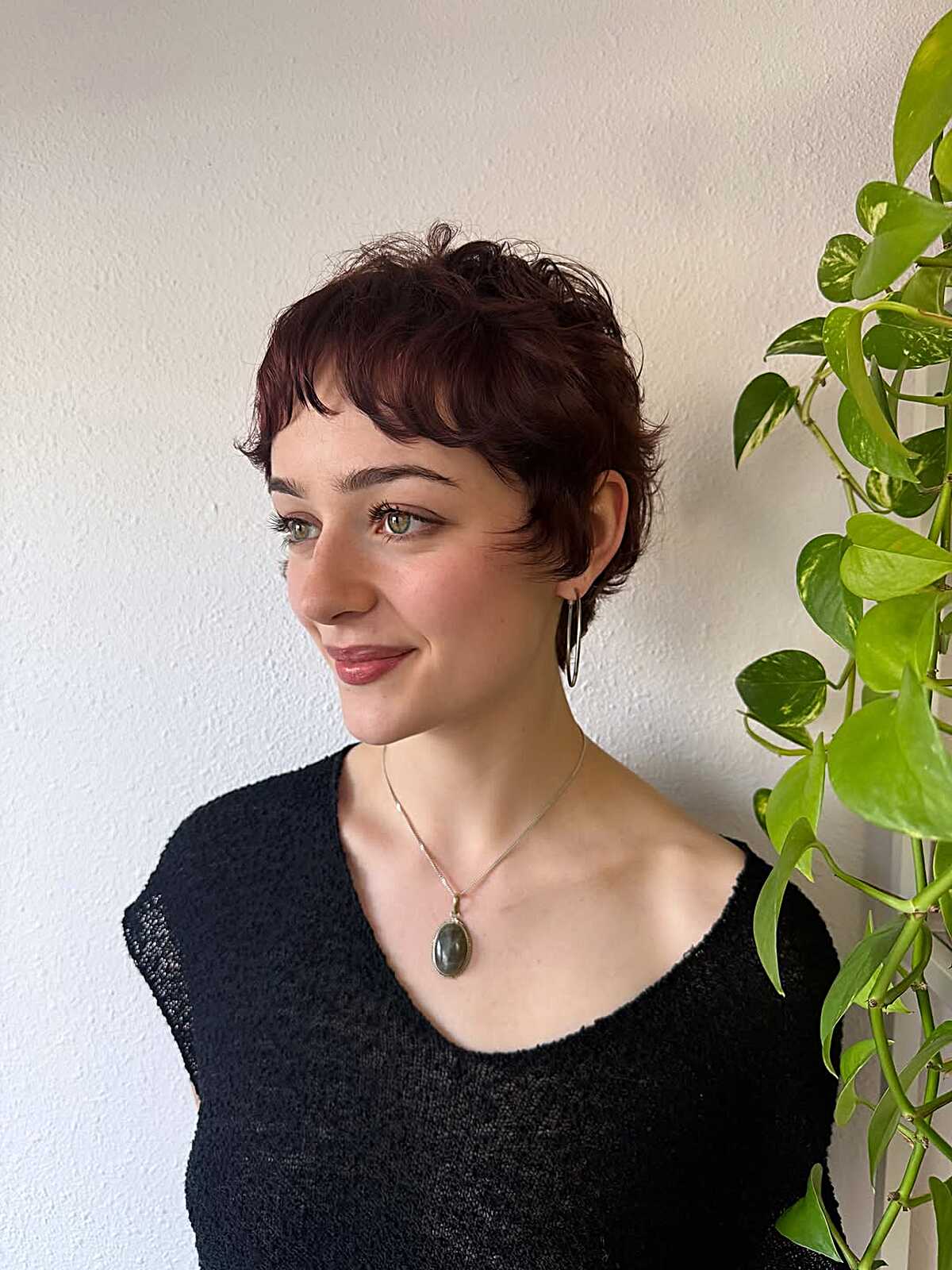 Burgundy-Toned Wavy Pixie Shag with Soft Micro Fringe