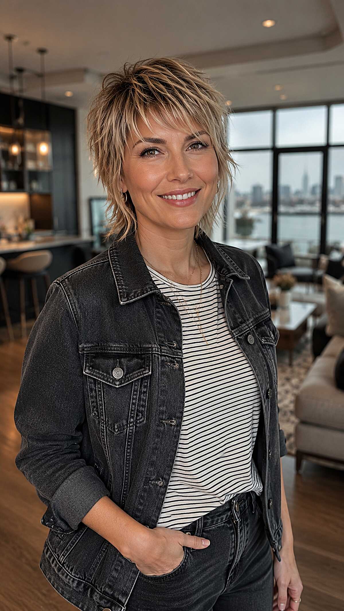 Choppy blonde mixie shag with dark roots and texture