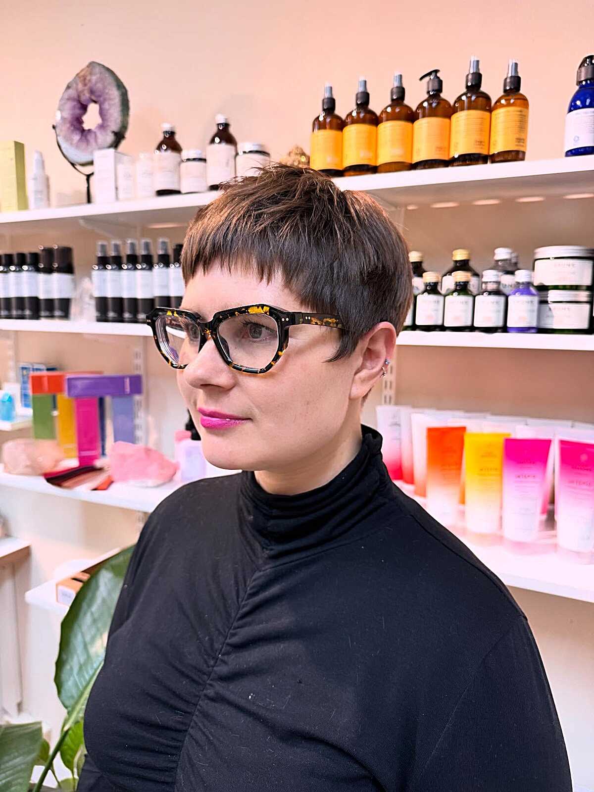 Close-Cropped Brunette Pixie Shag with Micro Fringe and Textured Crown Movement