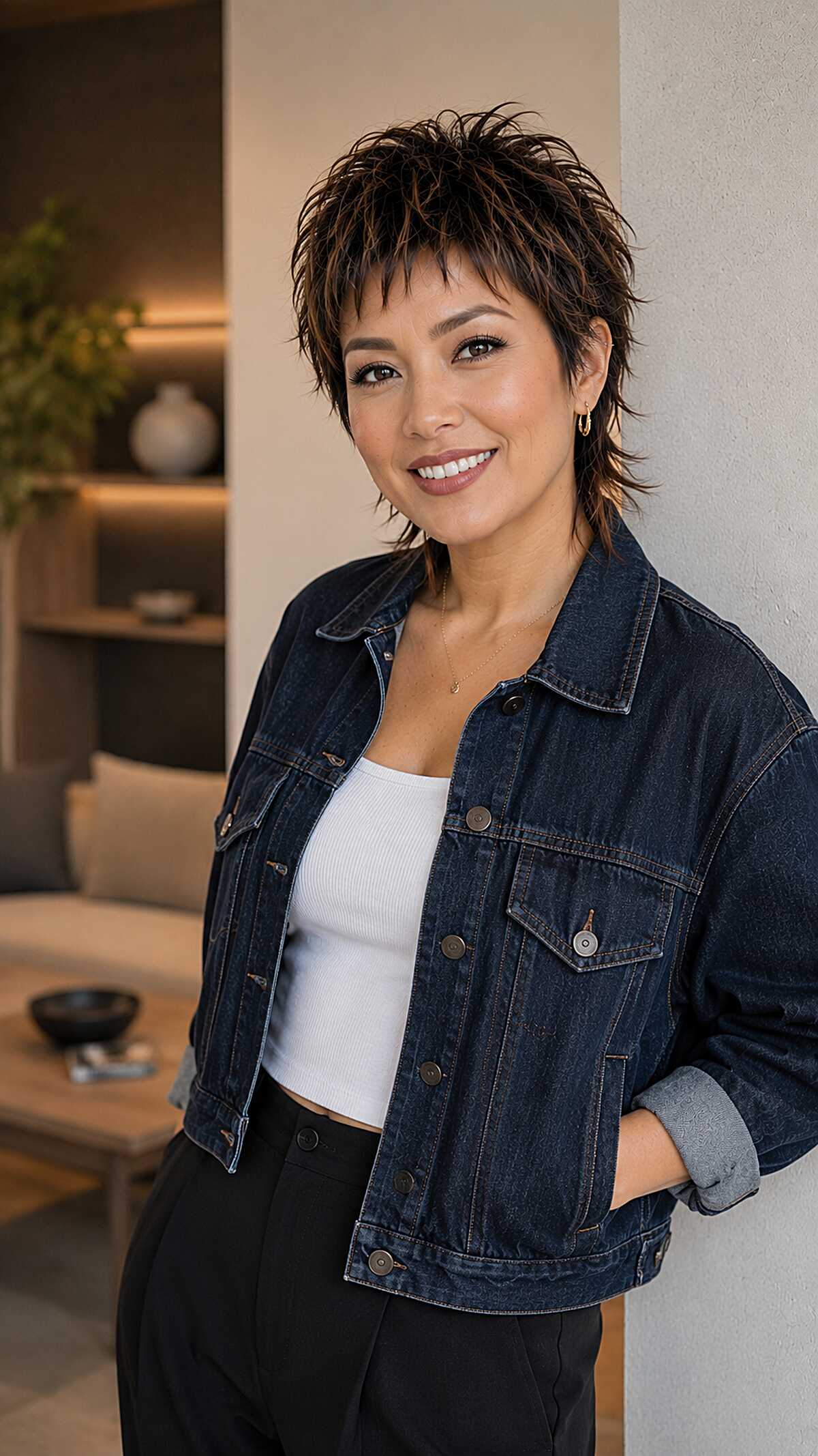 Cropped brunette mixie shag with spiky edgy texture