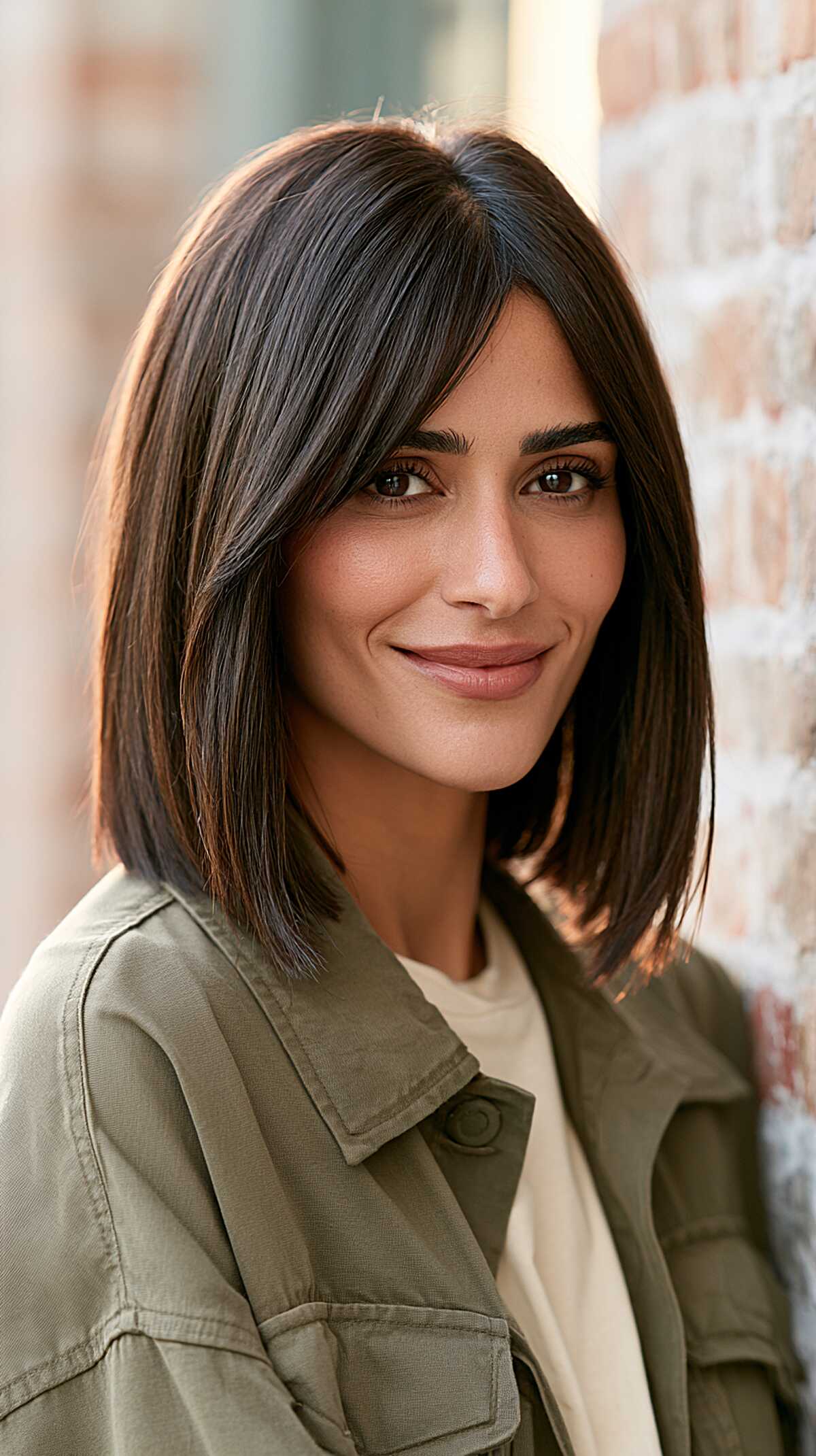Dark Brunette Collarbone Bob with Wispy Center Part