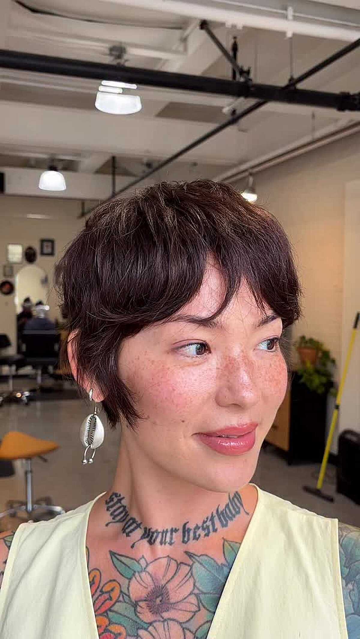 Dark Brunette Ear-Length Pixie Shag with Feathered Crown Texture