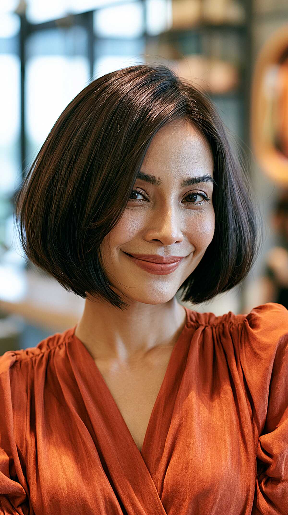 Dark Brunette Jaw-Length Bob with Inward Bevel