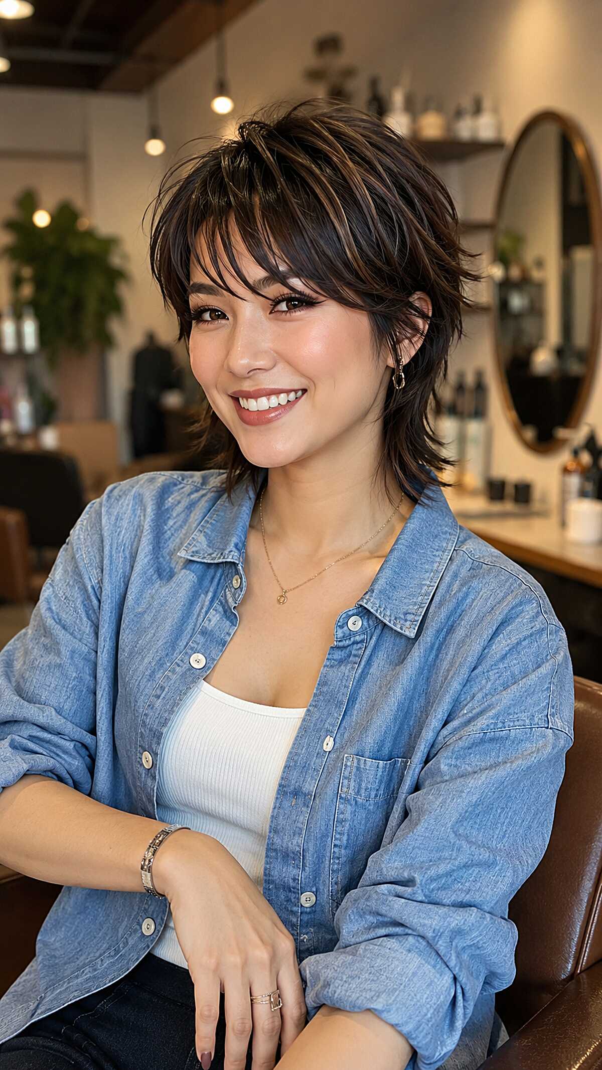 Dark tousled mixie shag with wispy fringe and layers