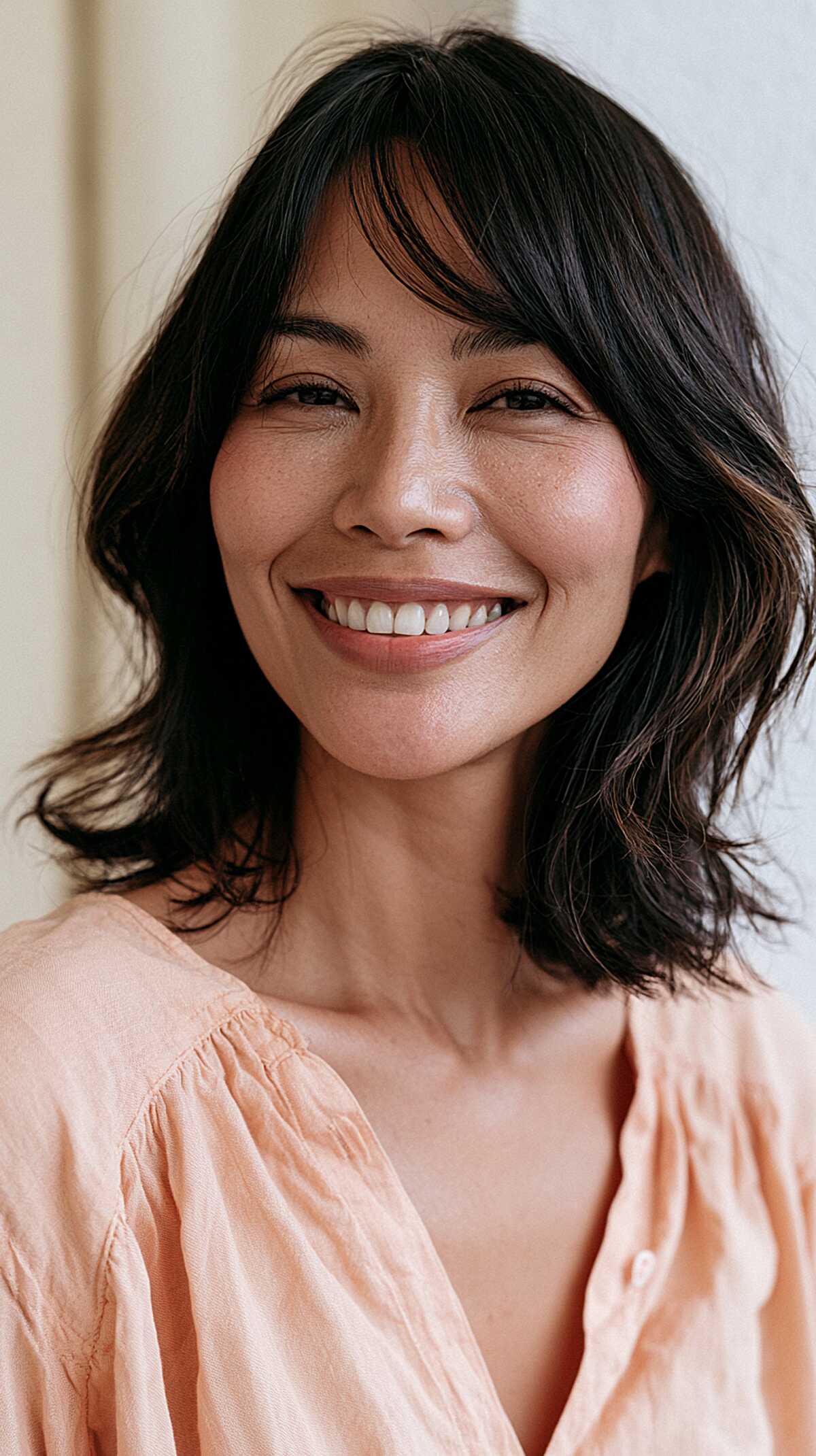 Dark Wavy Collarbone Cut with Piece-y Curtain Fringe