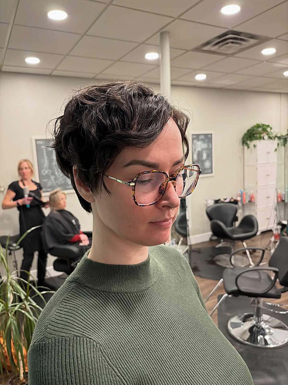 Dark Wavy Pixie Shag with Swept Crown and Snug Tapered Sides