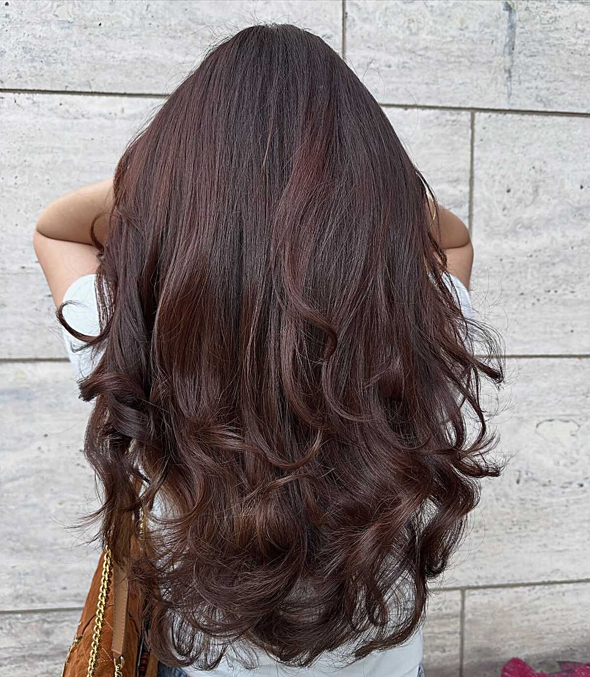 Deep Mocha Tonal Wash on Layered Lengths with Blowout Curls