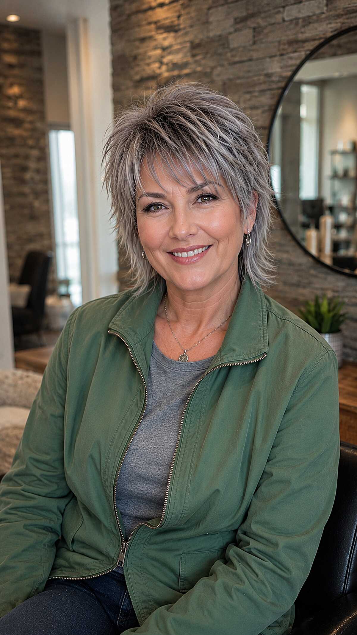 Edgy silver mixie shag with piecey layers and texture