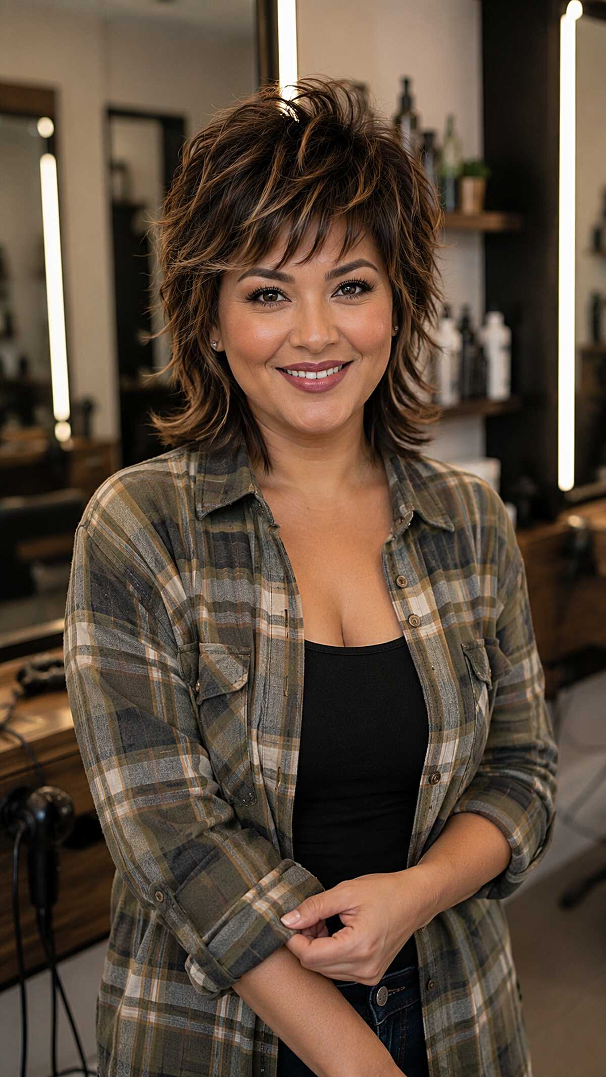 Full-bodied mixie shag with warm caramel highlights