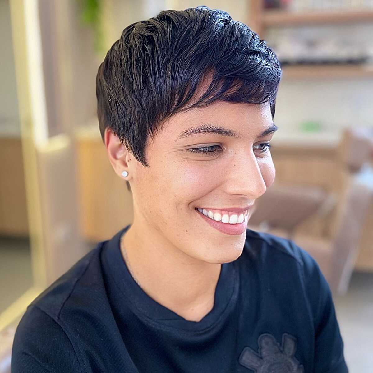 Jet Black Cropped Pixie Shag with Finger-Styled Waves and Tight Tapered Sides