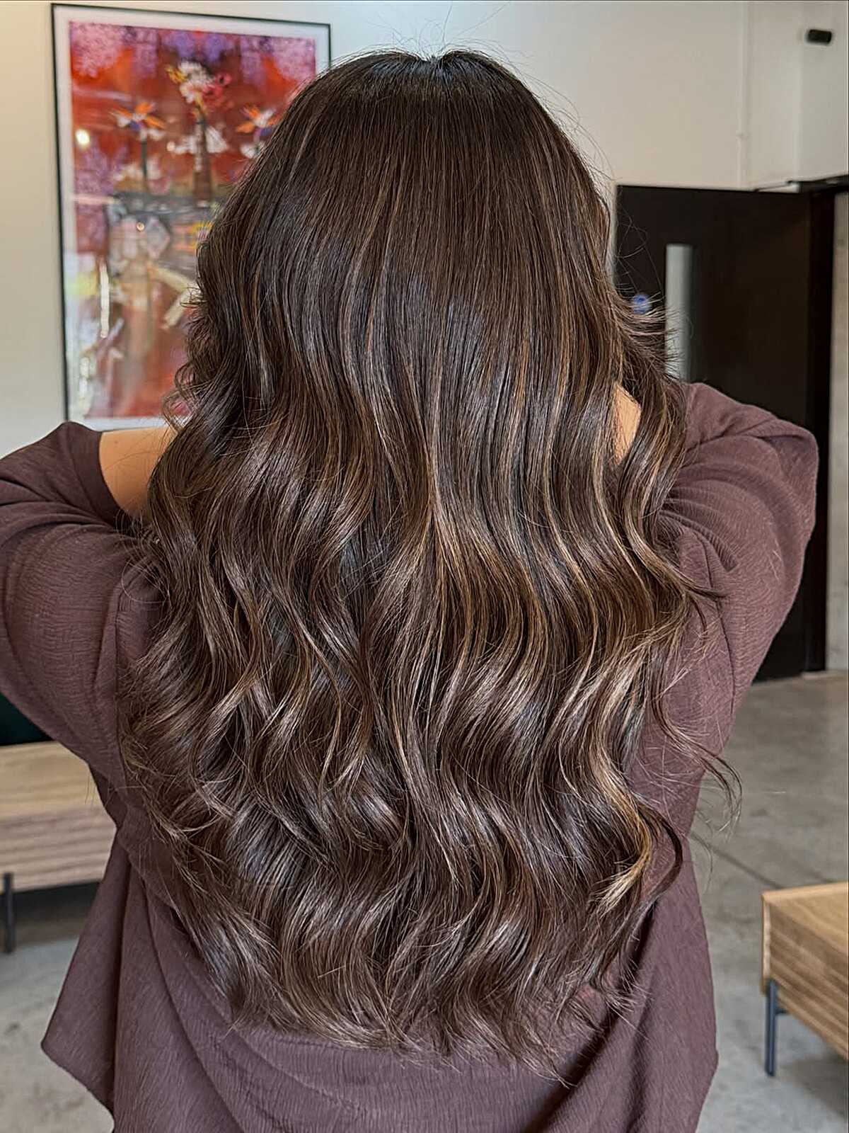 Mocha Balayage Concentrated at the Ends on Long Thick Hair