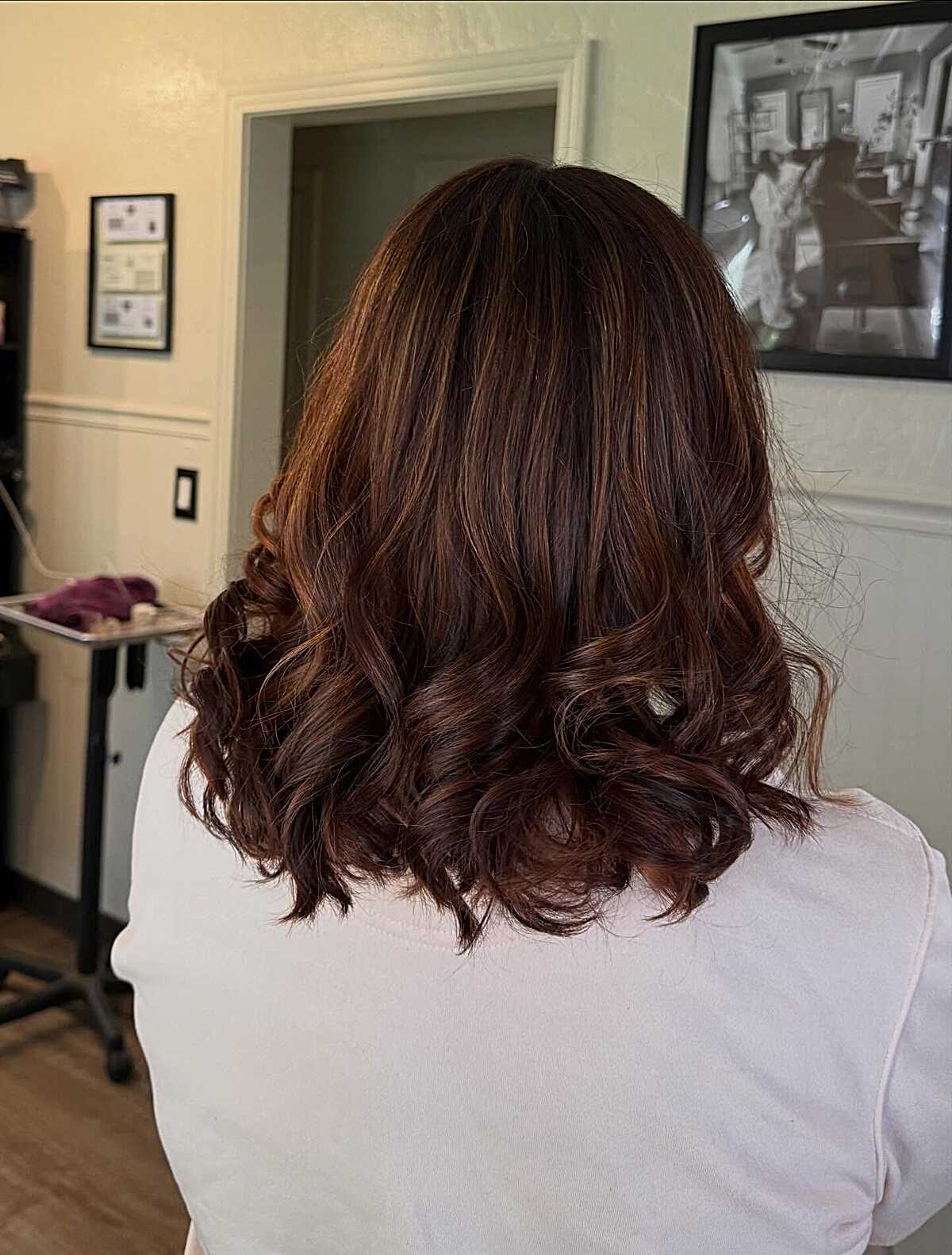 Mocha Lowlights with Copper Warmth on a Thick Collarbone Cut