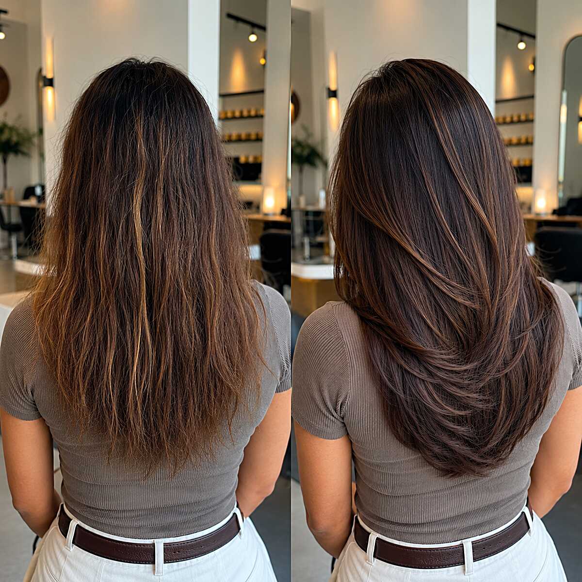 Mocha Refresh Over Grown-Out Balayage with Warm Layered Shaping