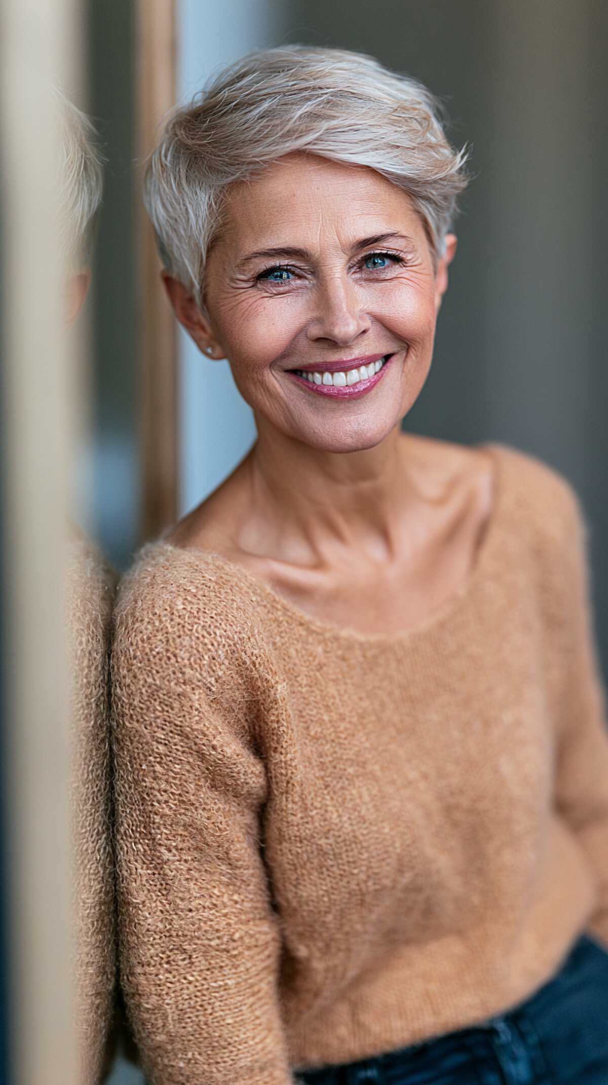 Natural Silver Pixie with Side-Swept Top and Tapered Nape