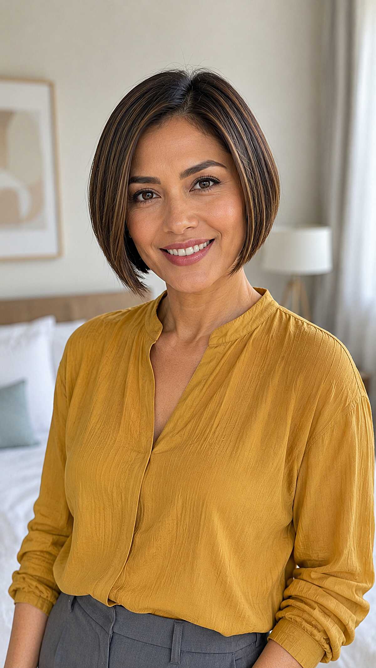 Polished Jaw-Length Bob with Warm Caramel Ribbon Highlights