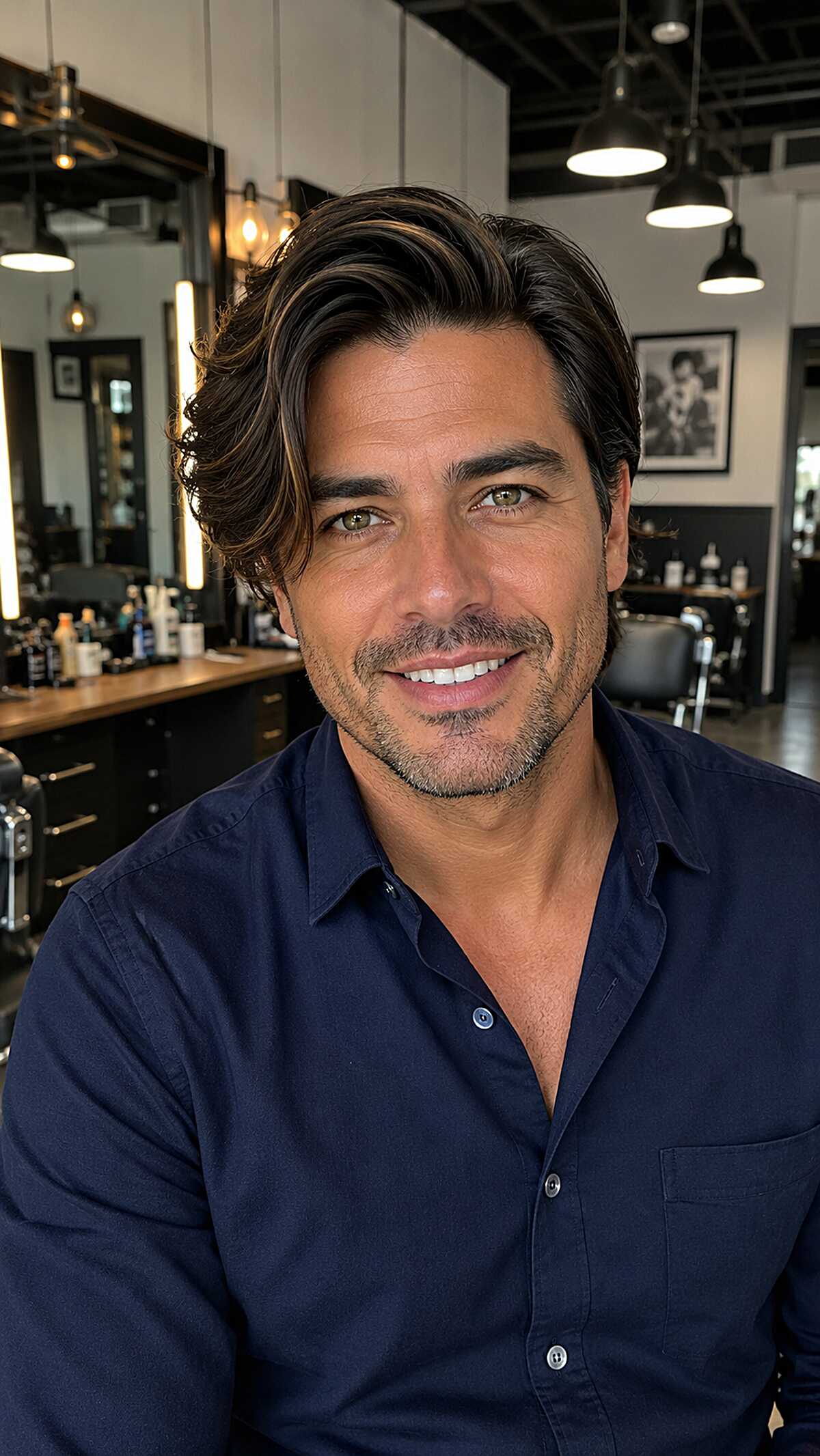 Rich Brunette Flow with Side-Swept Wave and Ear-Length Fall