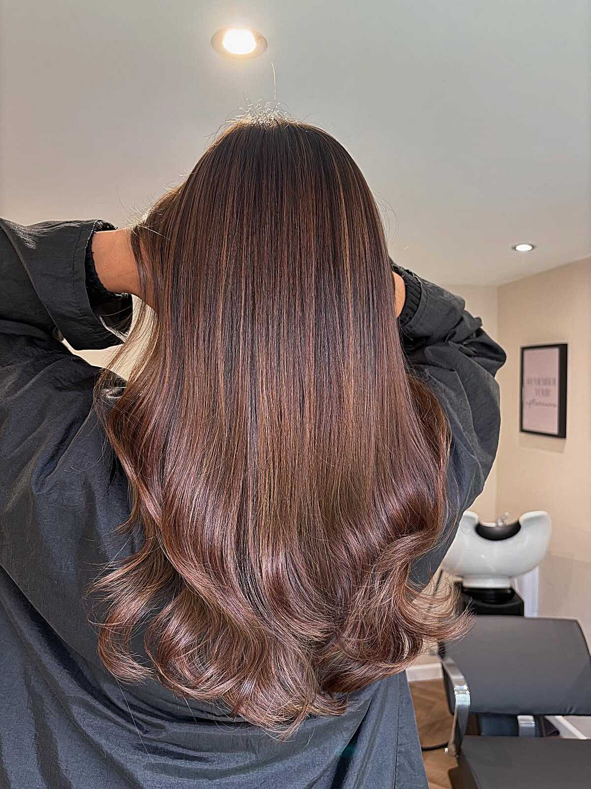 Seamless Mocha Root Stretch on Straight-to-Wavy Long Hair with Curled Ends