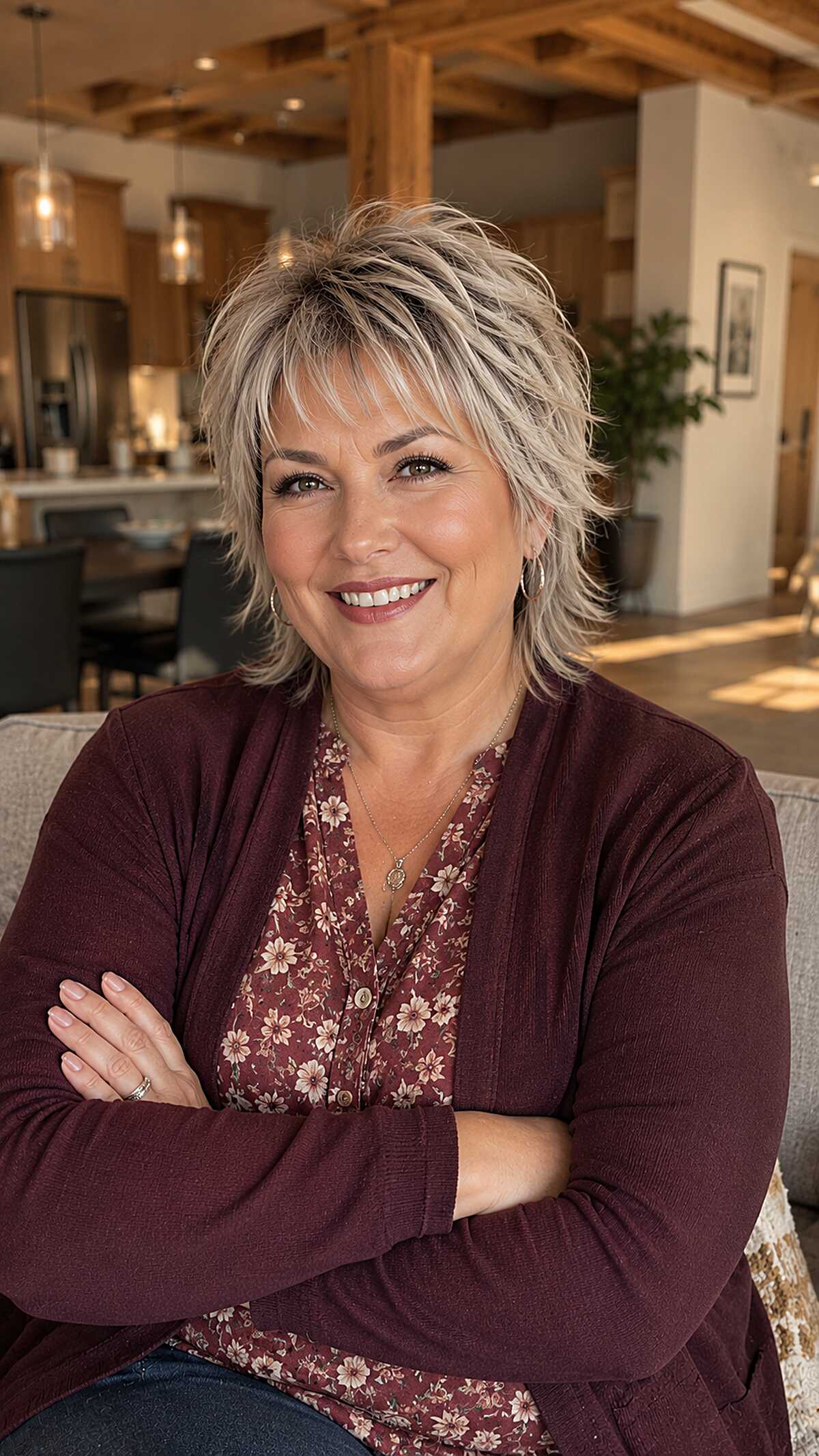 Silver-blonde layered mixie shag with crown volume