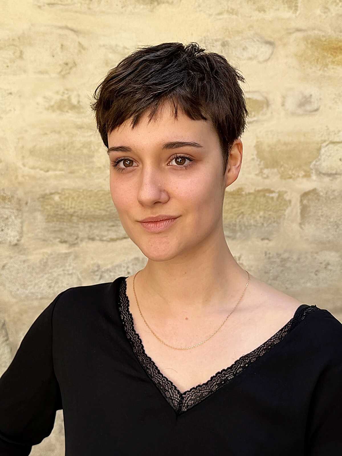 Soft Brunette Cropped Pixie Shag with Feathered Fringe and Textured Top