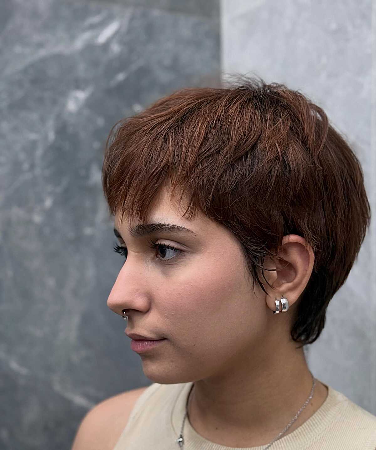 Warm Chestnut Ear-Length Pixie Shag with Razor-Cut Layers and Short Fringe