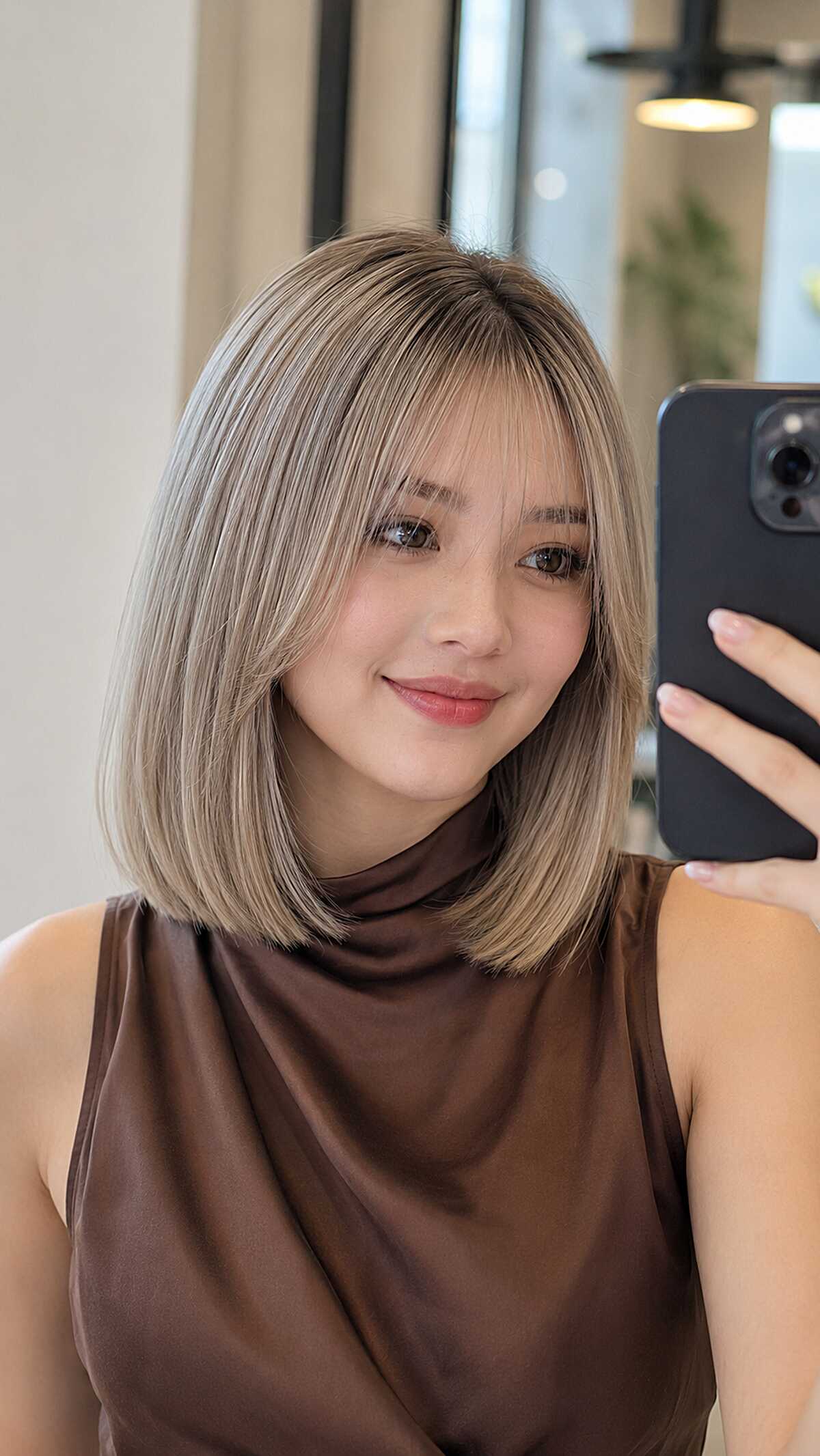 Ash Blonde Blunt Lob with See-Through Bangs and a Quiet Root Melt