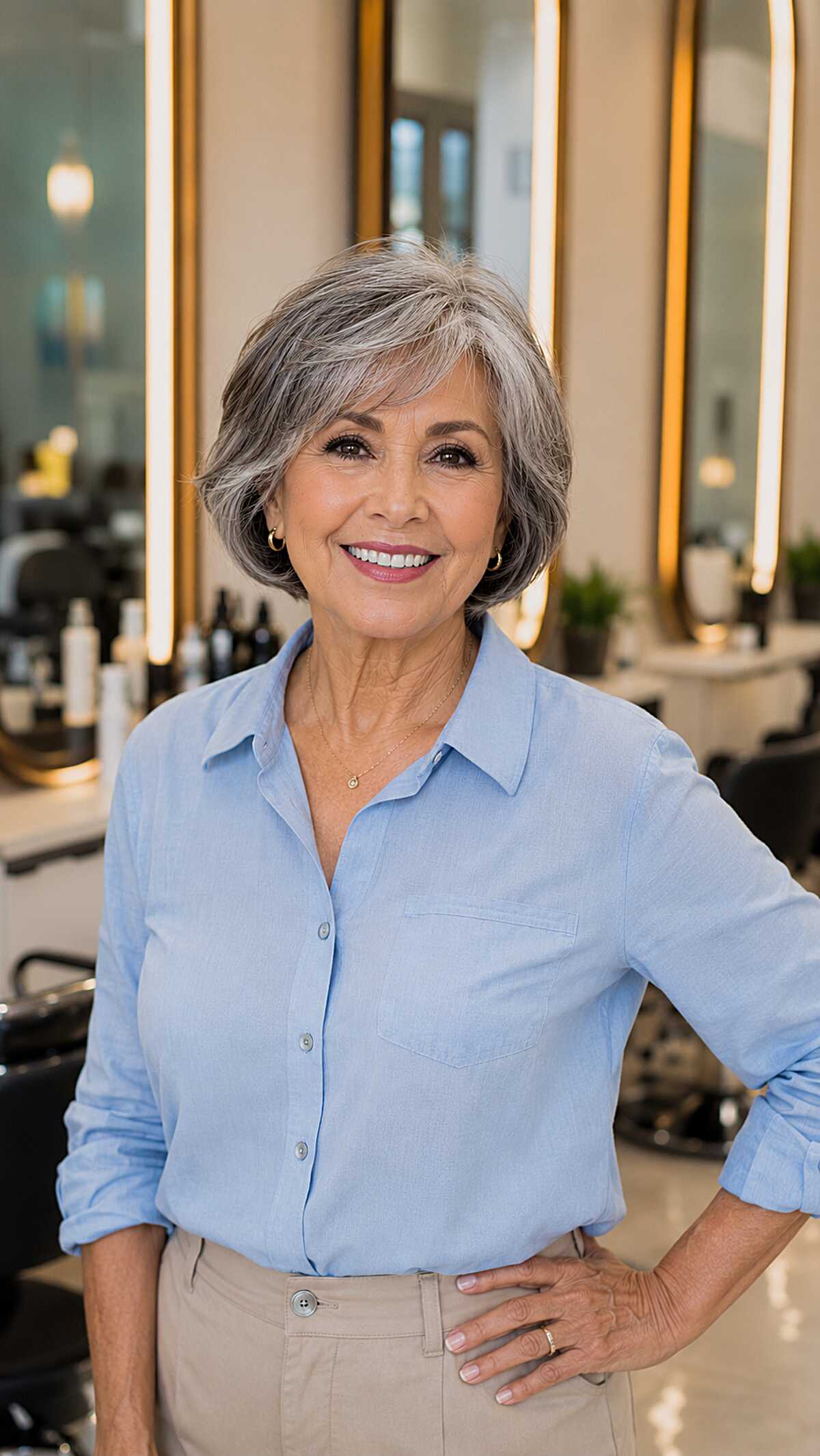 Chin-length layered silver bob with side-swept bangs