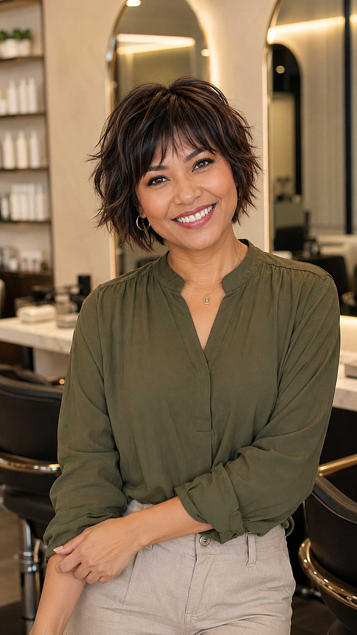 Short choppy dark brown shag with curtain bangs