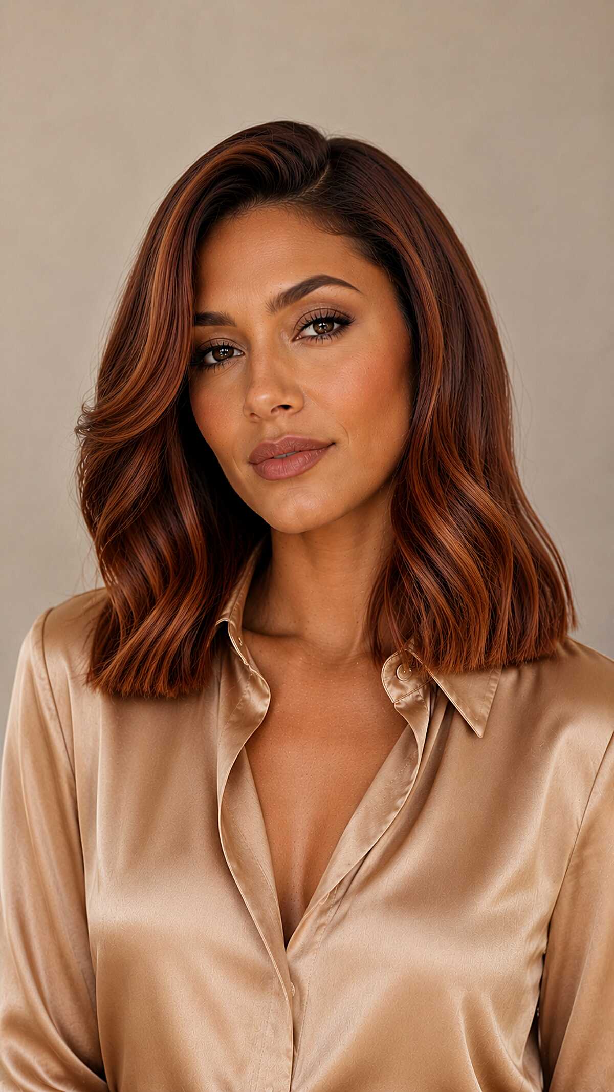 Copper-Kissed Blunt Lob with a Deep Side Part and Warm Skin in Mind