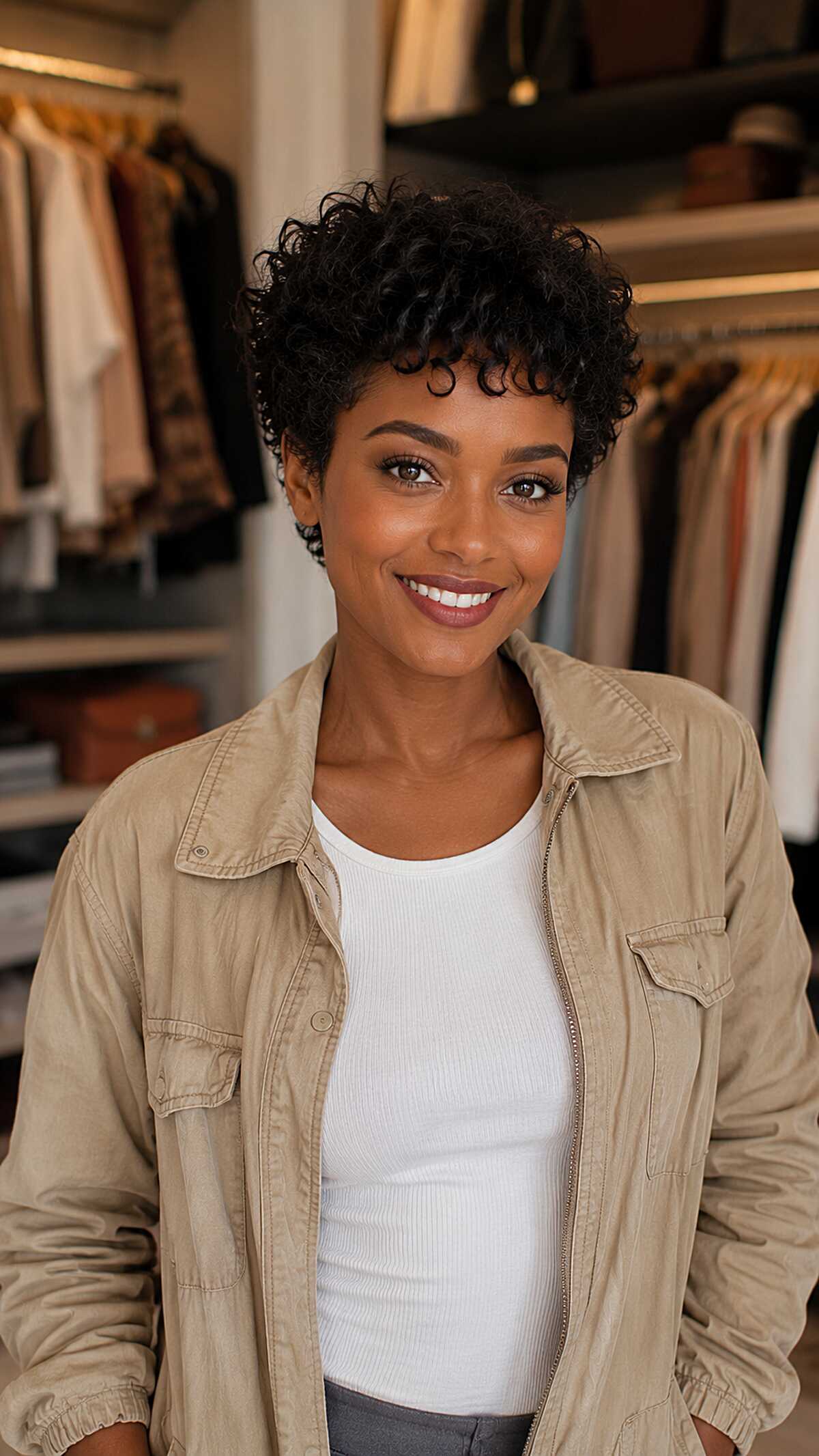 Short curly black pixie with natural texture bangs