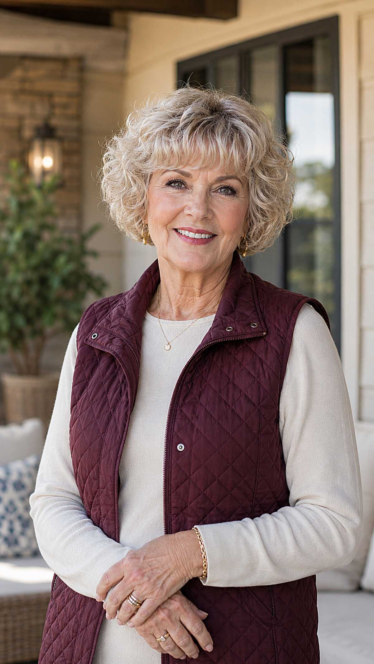 Short curly silver blonde bob with layered bangs